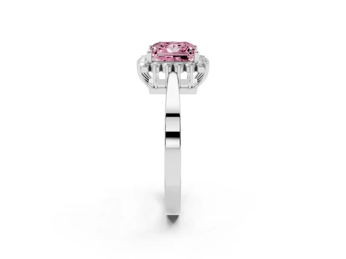 Fancy Pink Princess Cut Cut Diamond Halo Ring with Round Brilliant Halo and Solitaire Band Platinum
