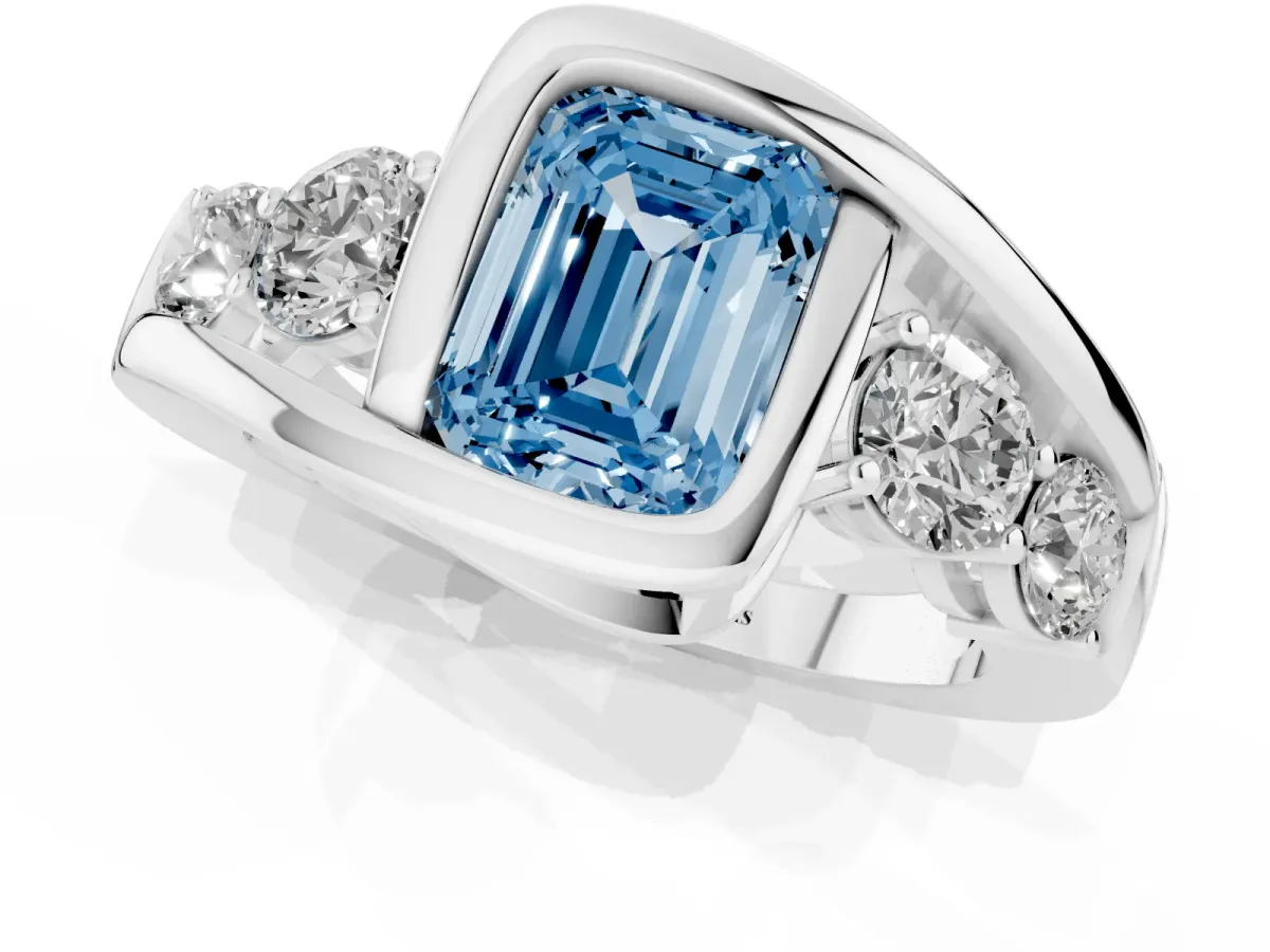 Fancy Blue Bezel Set Emerald Cut Diamond Bypass Ring with Round Accents Silver