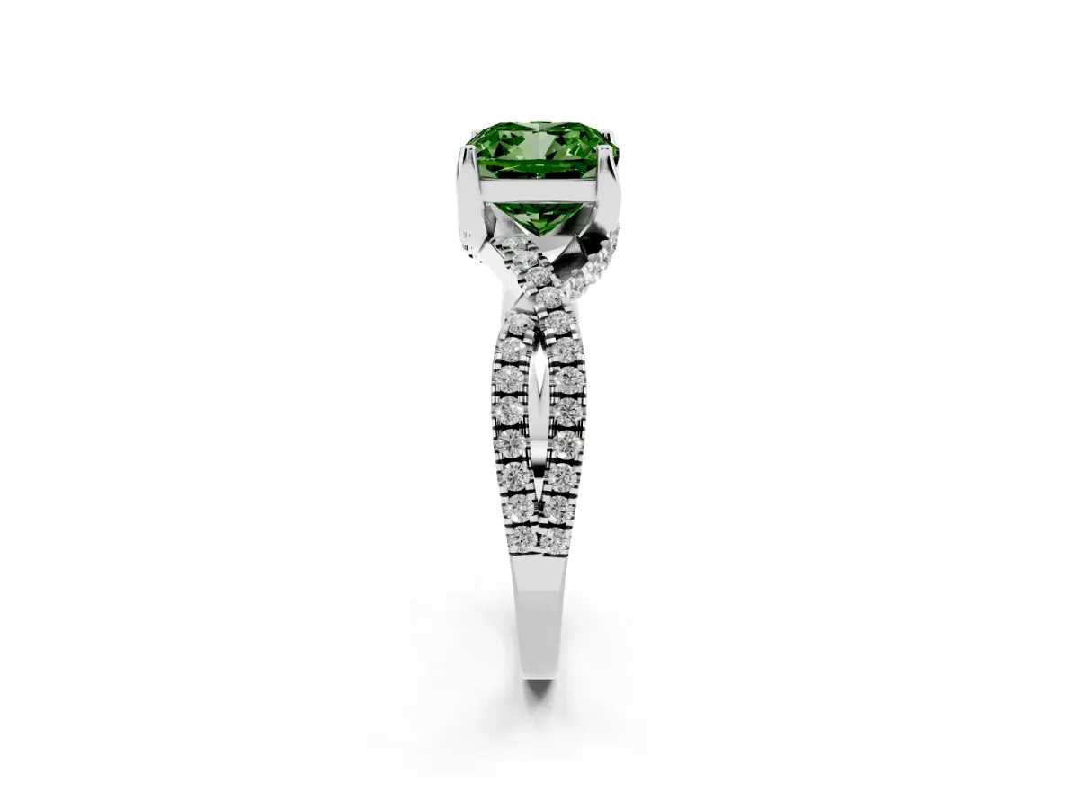Fancy Green Cushion Cut Solitaire Twist Pave Diamond Engagement Ring with Prong Setting Silver