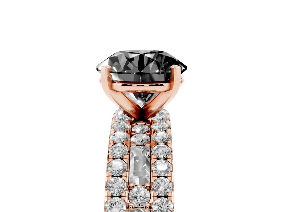 Fancy Black Round Cut Diamond Solitaire Ring with Pavé and Channel Set Band Rose gold