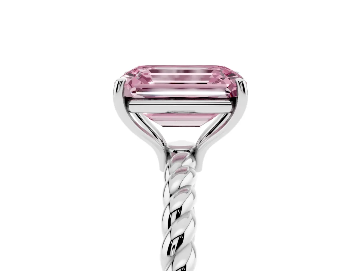 Fancy Pink Emerald Cut Solitaire Twisted Band 4-Prong Ring Silver