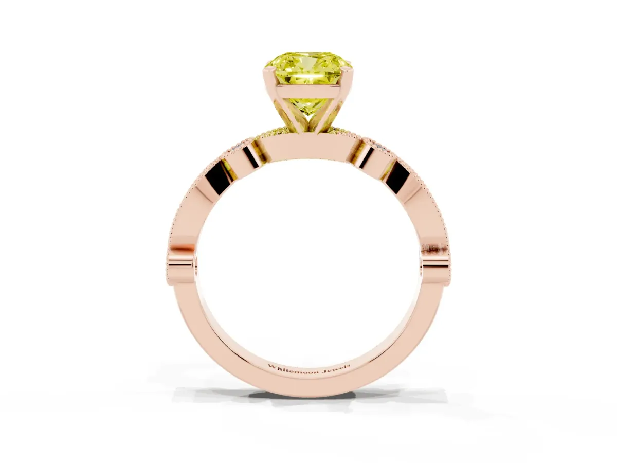Fancy Yellow Cushion Cut Milgrain Bezel Diamond Engagement Ring with Solitaire Prong Setting Rose gold