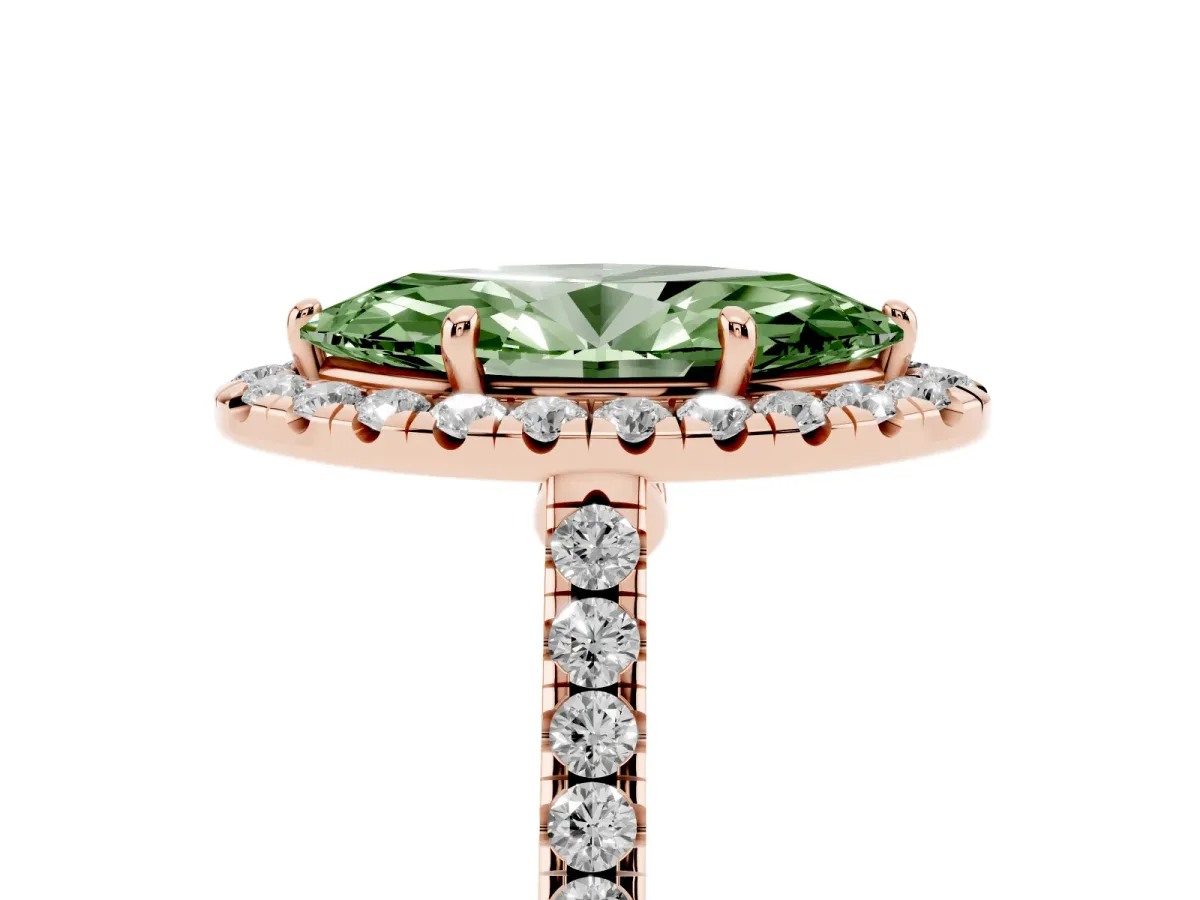 Fancy Green Marquise Cut Halo Pave Diamond Engagement Ring with Four-Prong Setting Rose gold