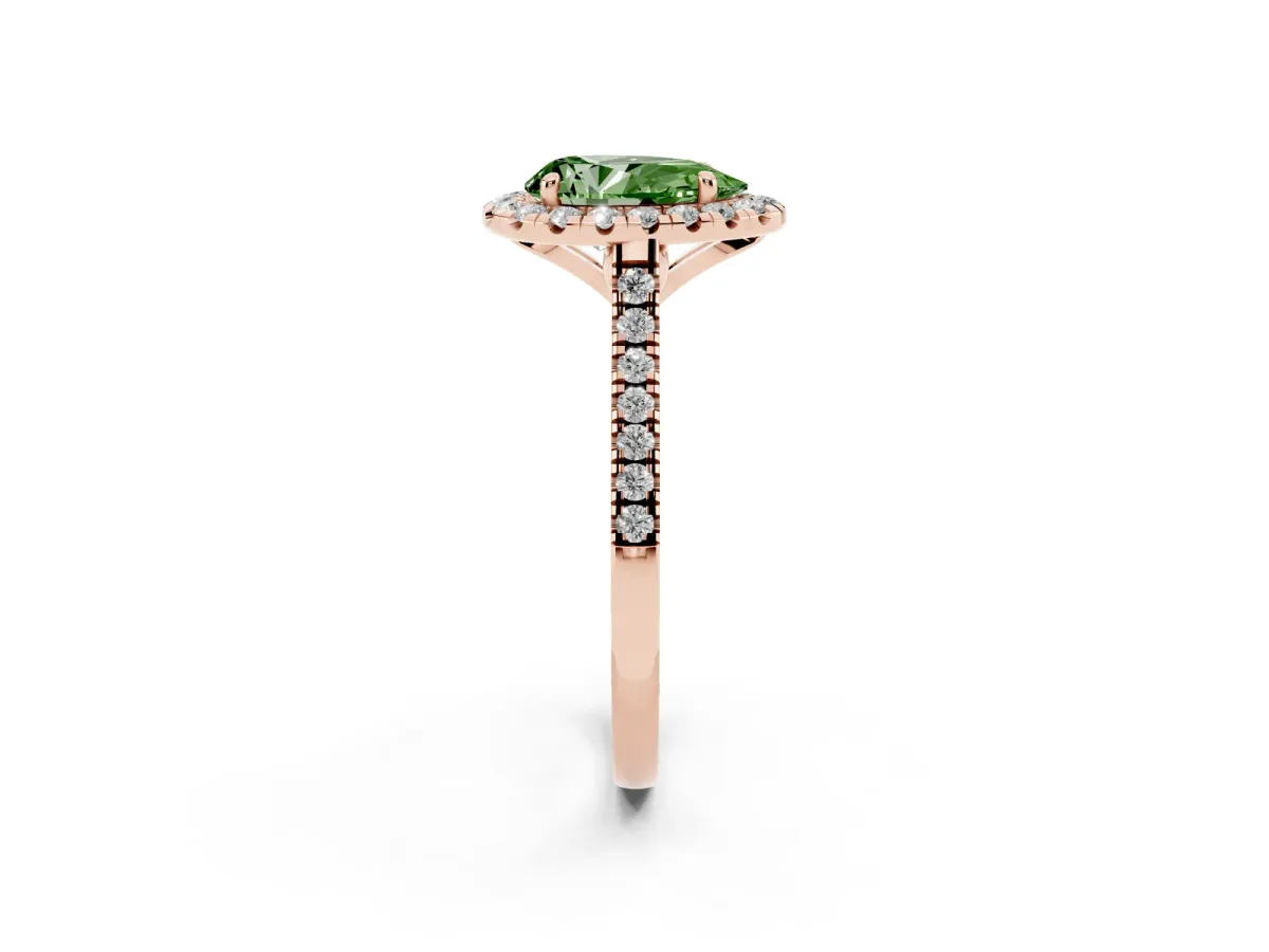 Fancy Green Pear Cut Diamond Cushion Halo Ring with Pavé Band Rose gold
