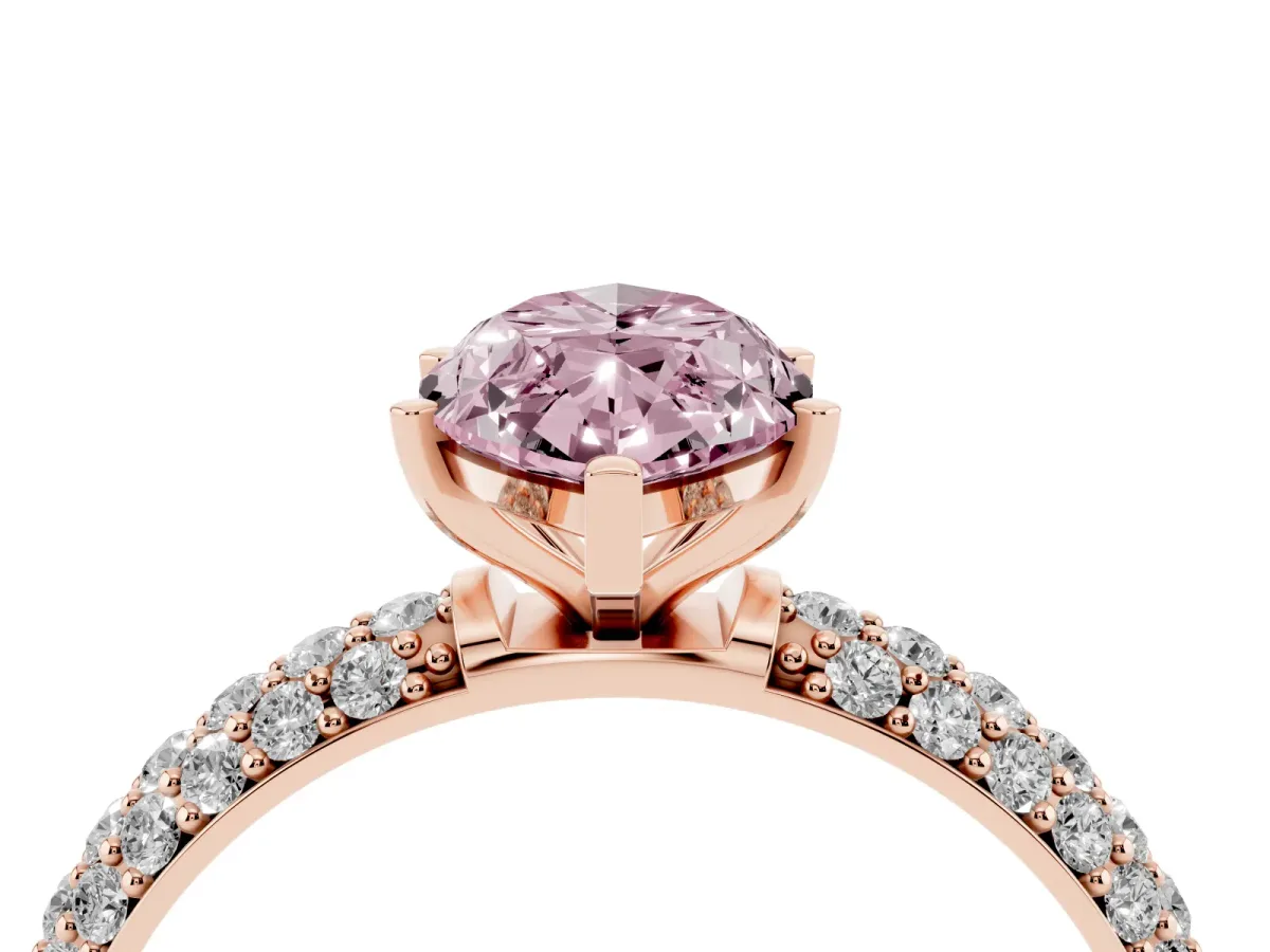 Fancy Pink Marquise Cut Diamond Solitaire Ring with Prong Setting and Pavé Band Rose gold