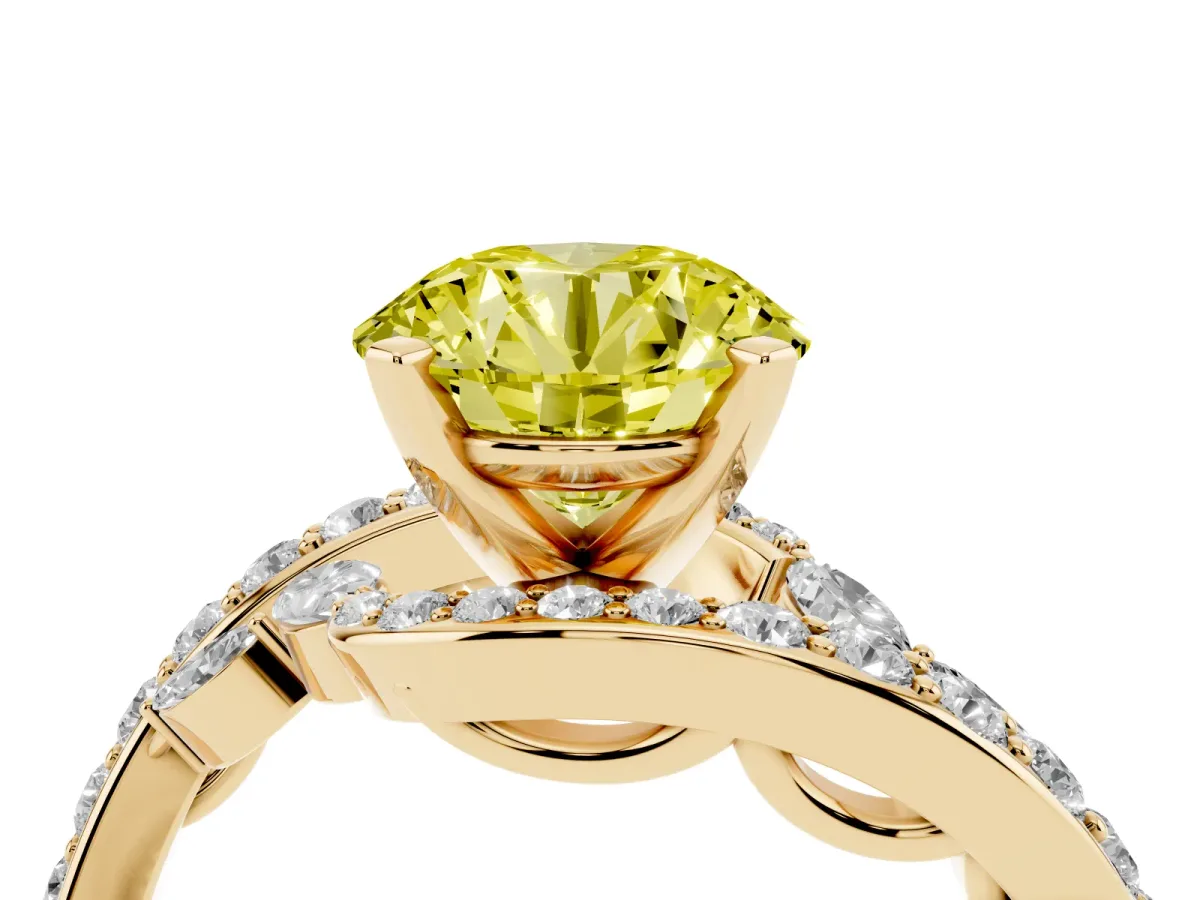 Fancy Yellow Round Cut Solitaire with Pavé Twist Band and Four-Prong Setting Yellow gold