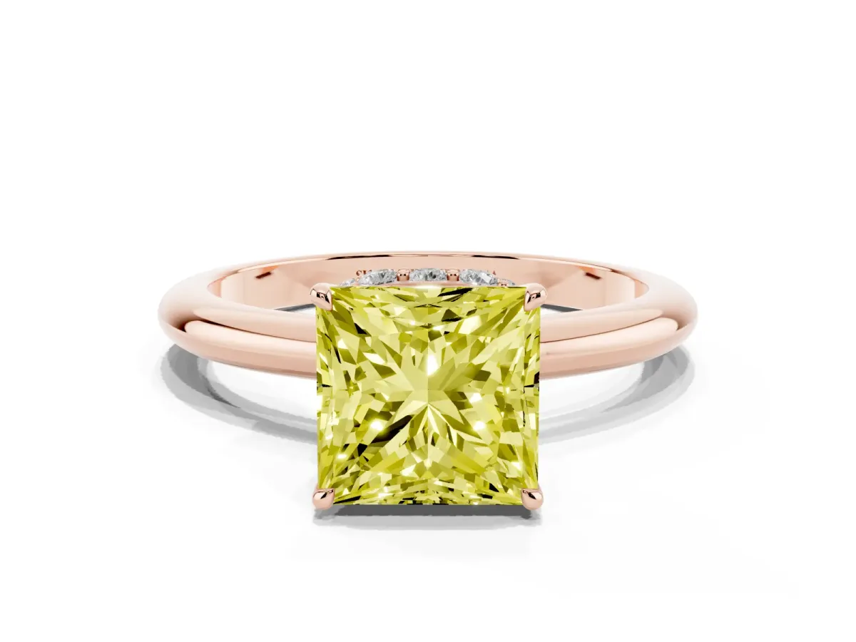 Fancy Yellow Princess Cut Brilliant Solitaire Engagement Ring with Six-Prong Setting and Classic Band Rose gold
