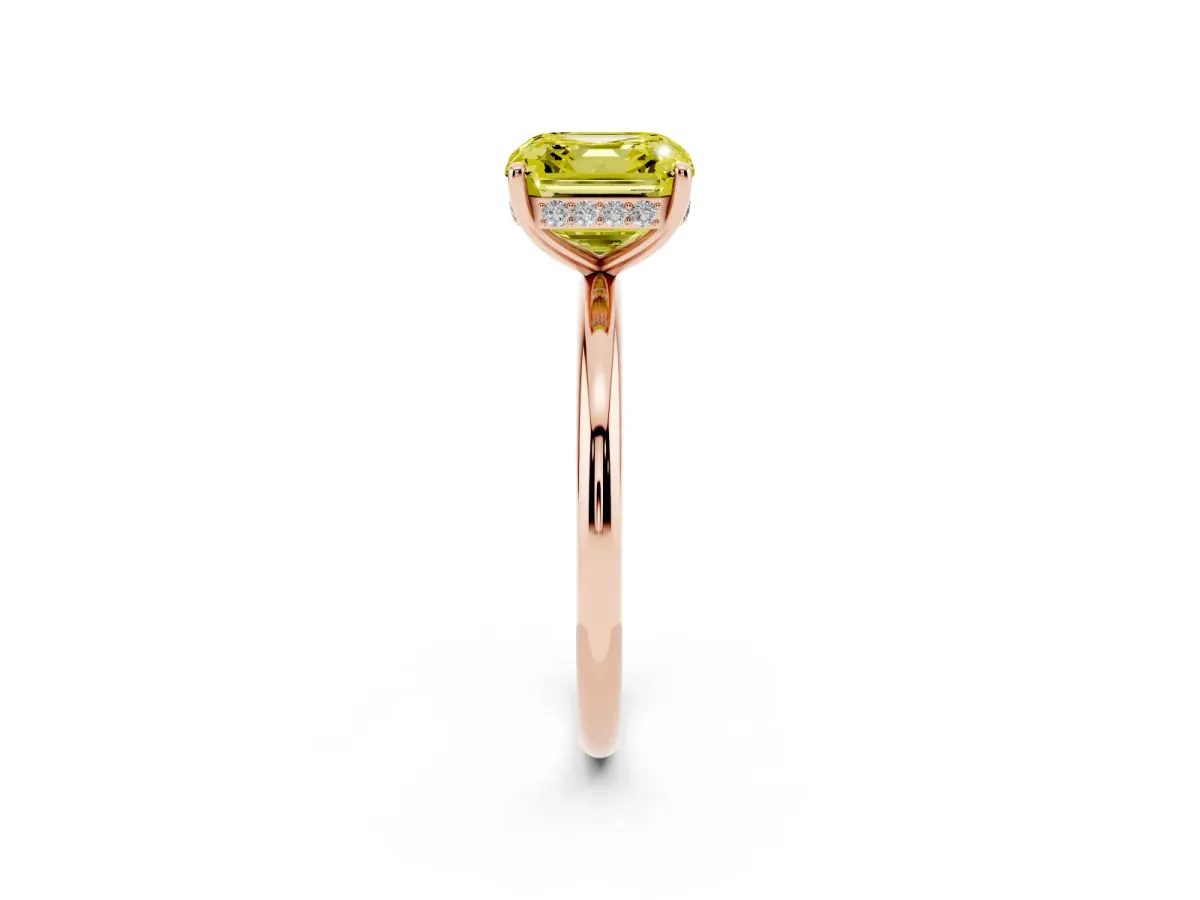 Fancy Yellow Asscher Cut Solitaire Diamond Ring with a Classic Band and Four-Prong Setting Rose gold