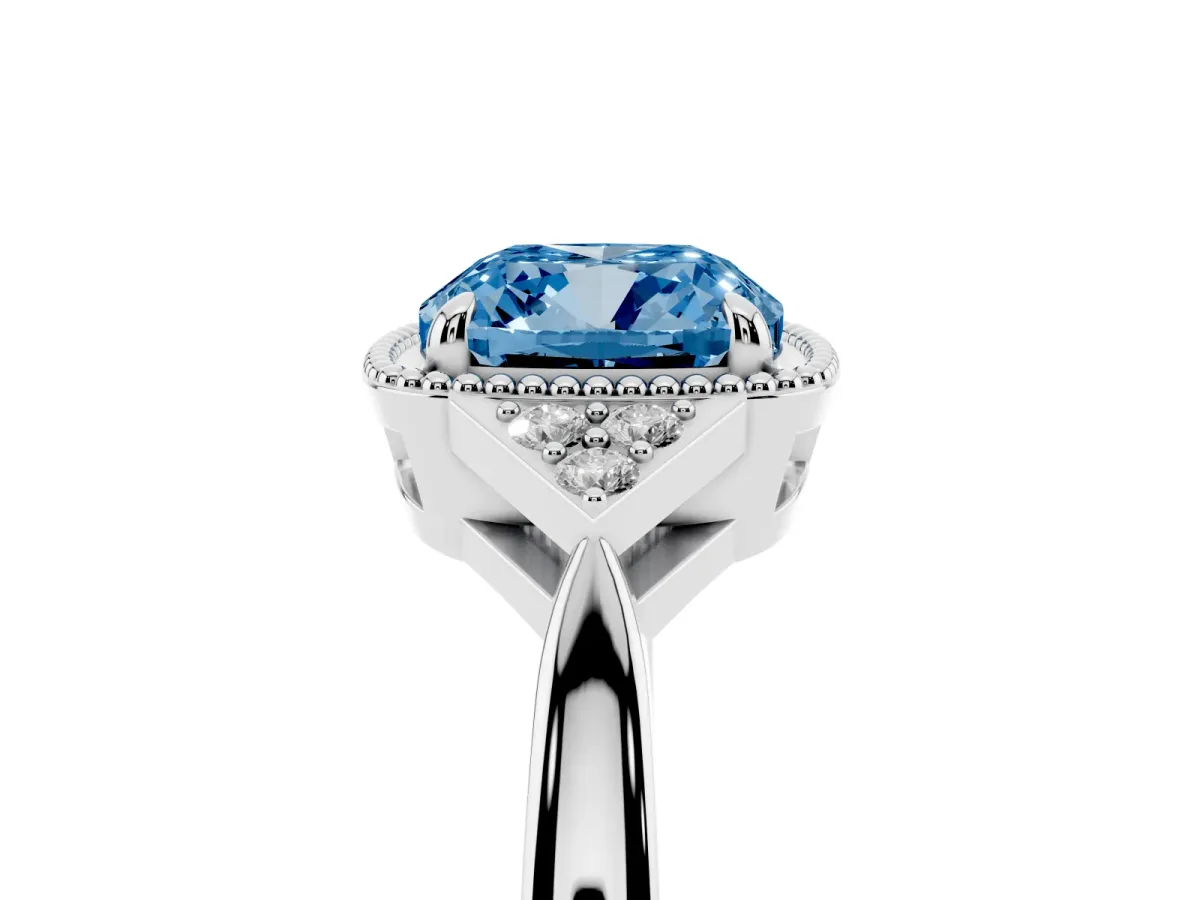 Fancy Blue Cushion Cut Diamond Halo Ring with Tapered Band and Four-Prong Setting White gold