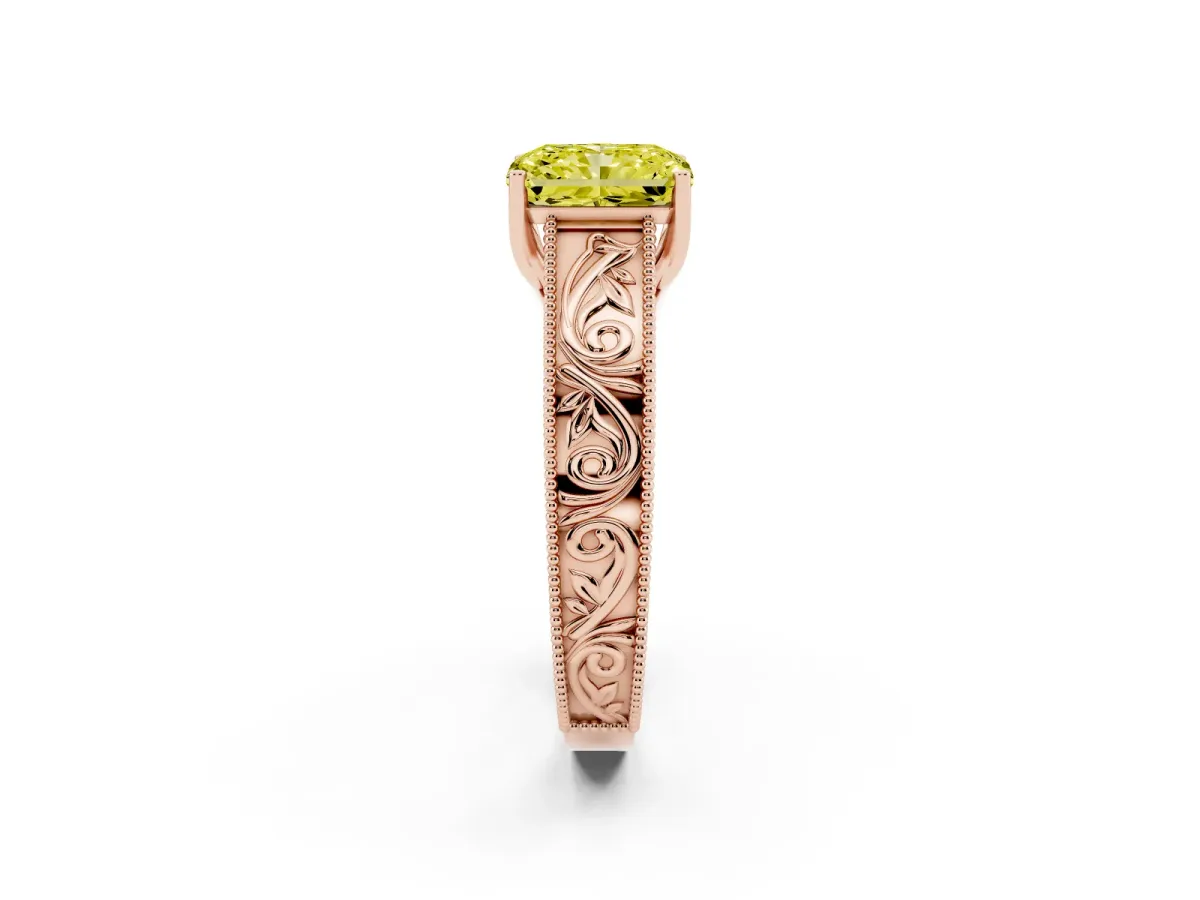 Fancy Yellow Radiant Cut Diamond Solitaire Ring with Engraved Band and Four-Prong Setting Rose gold