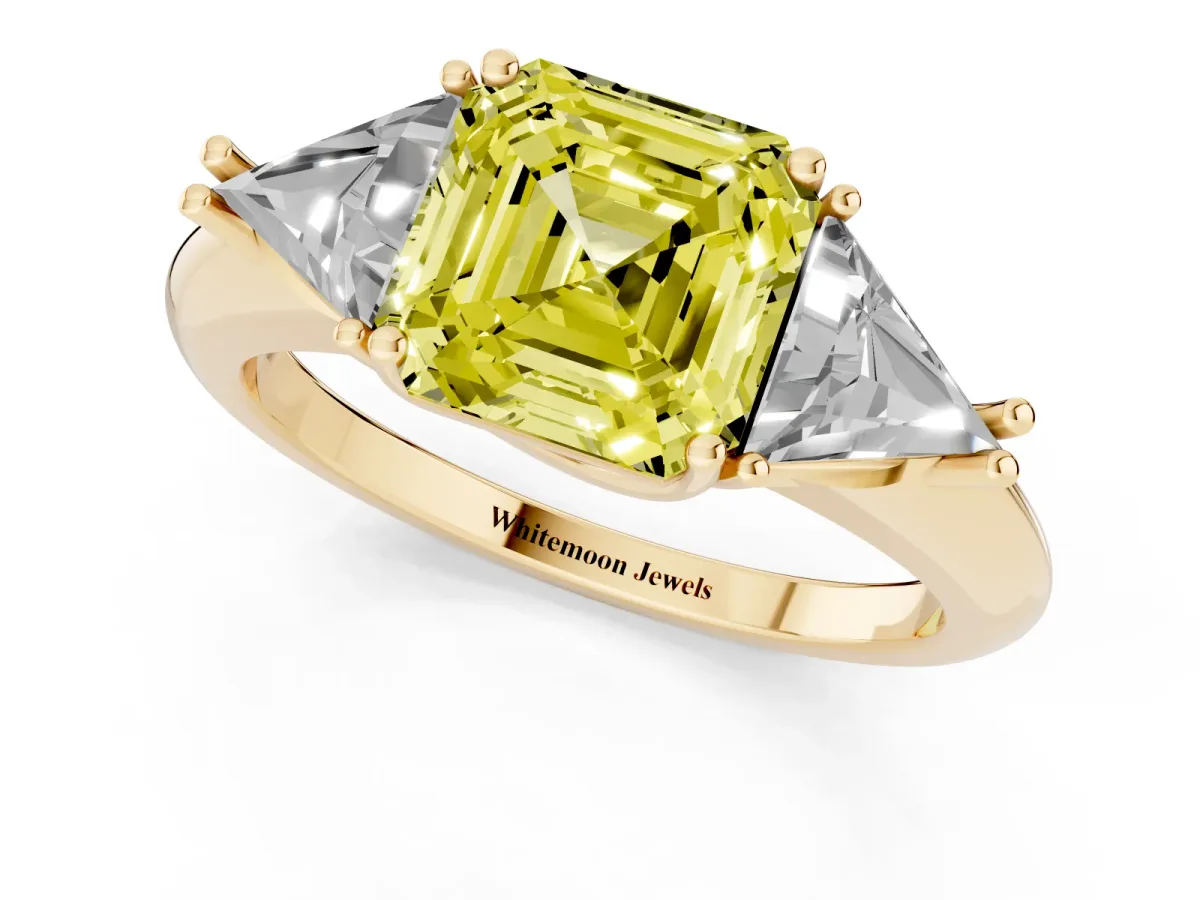 Fancy Yellow Three-Stone Asscher Cut Diamond Engagement Ring with Trillion Side Stones and Prong Setting Yellow gold