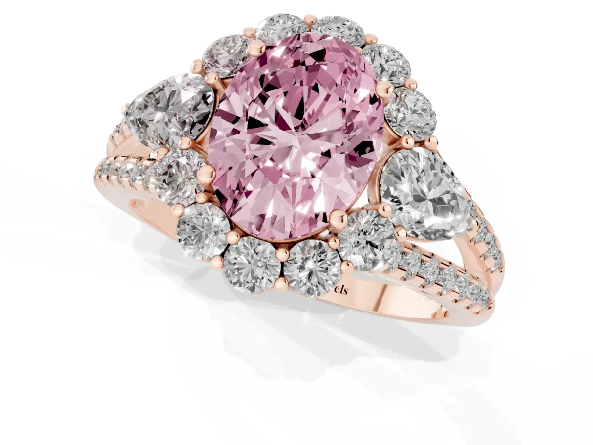Fancy Pink Oval Cut Halo Split Shank Diamond Engagement Ring with Prong Setting Rose gold