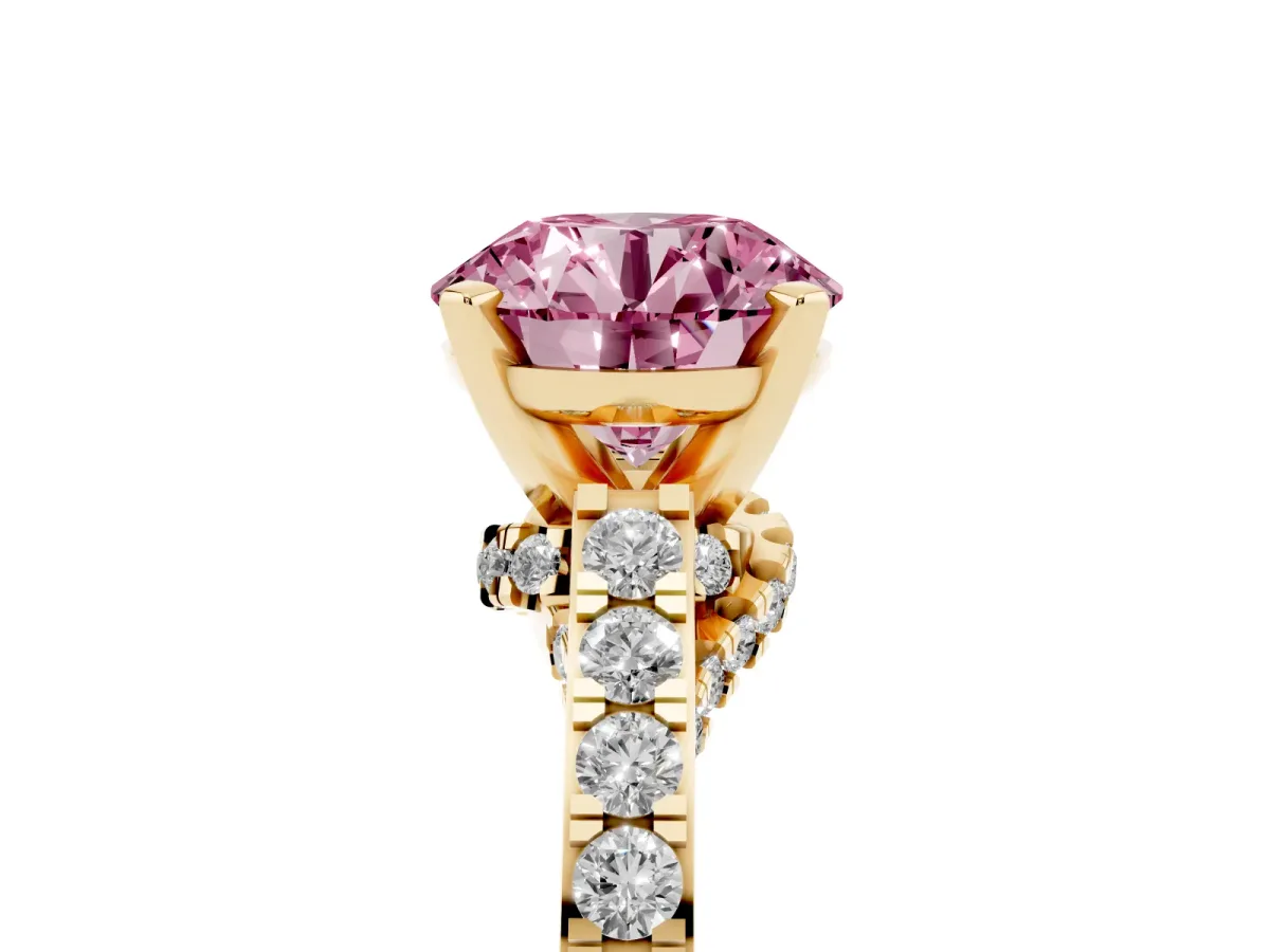 Fancy Pink Round Cut Diamond Solitaire Ring with Crossover Gallery and Round Pavé Band Yellow gold