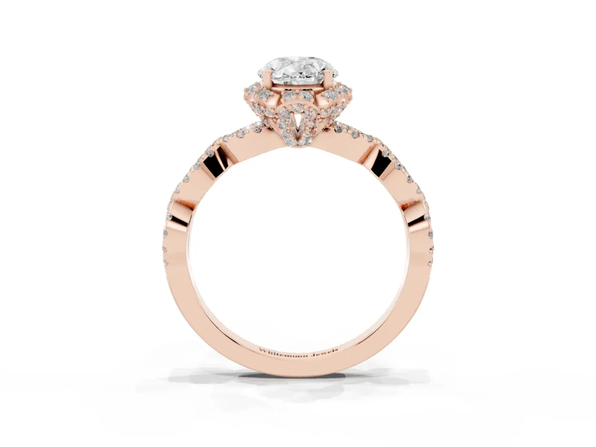 Oval Cut Halo Twist Band Solitaire Ring with Six-Prong Setting Rose gold