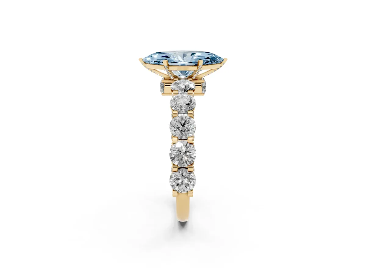 Fancy Blue Marquise Cut Diamond Side Stone Engagement Ring with Four-Prong Setting Yellow gold