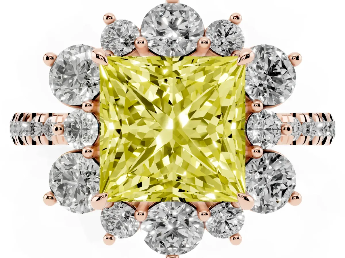 Fancy Yellow Princess Cut Diamond Floral Halo Ring with Round Pavé Band and Prong Setting Rose gold