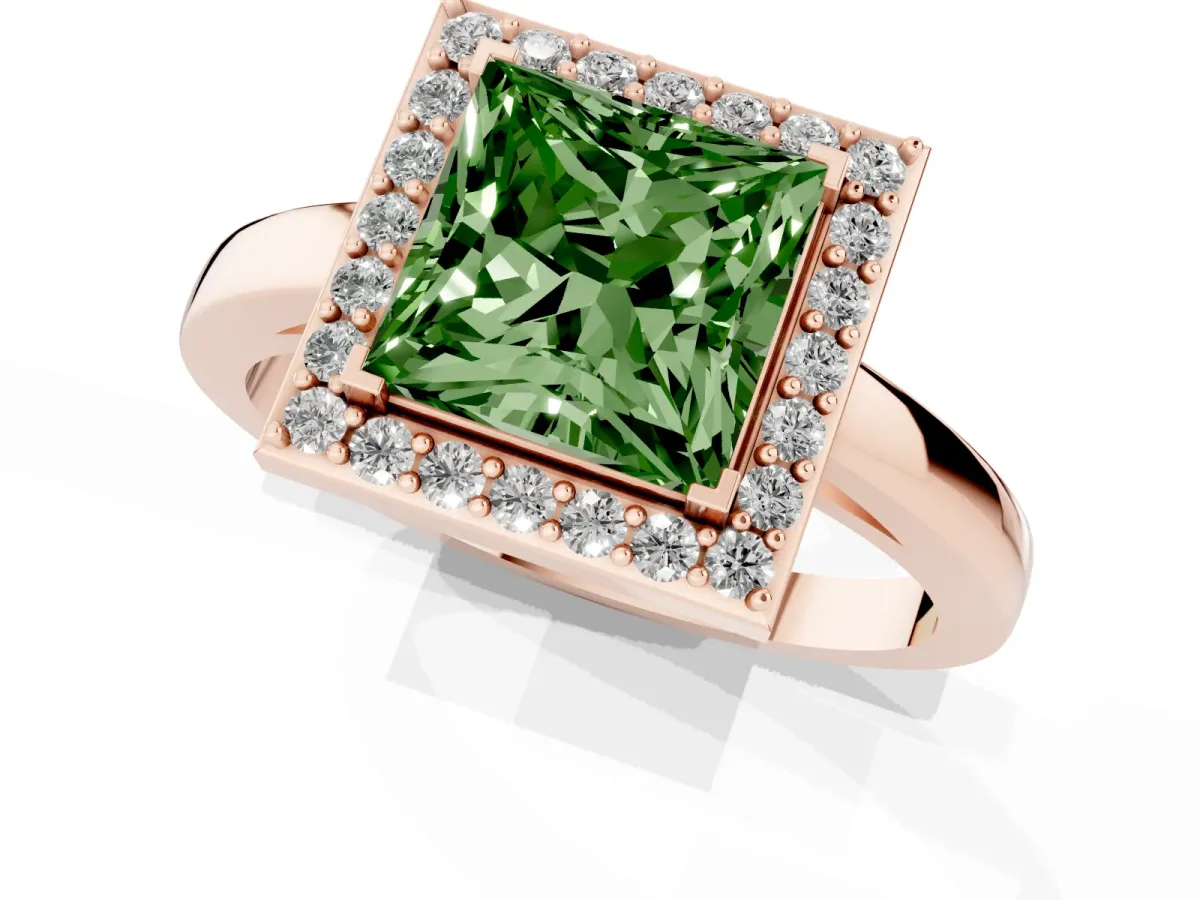 Fancy Green Princess Cut Halo Diamond Ring with Solitaire Band and Prong Setting Rose gold