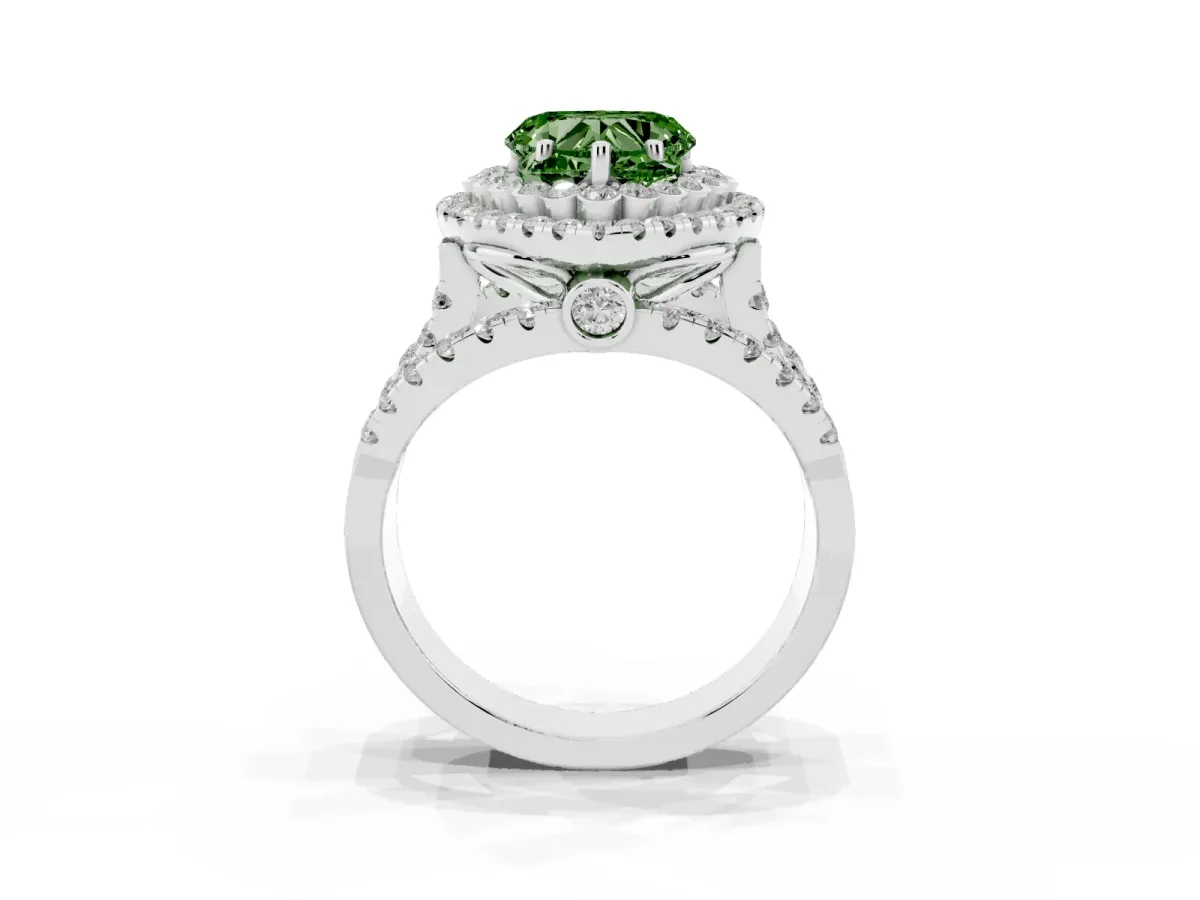 Fancy Green Heart Cut Diamond Double Halo Ring with Round Pavé Split Shank and Prong Setting Silver
