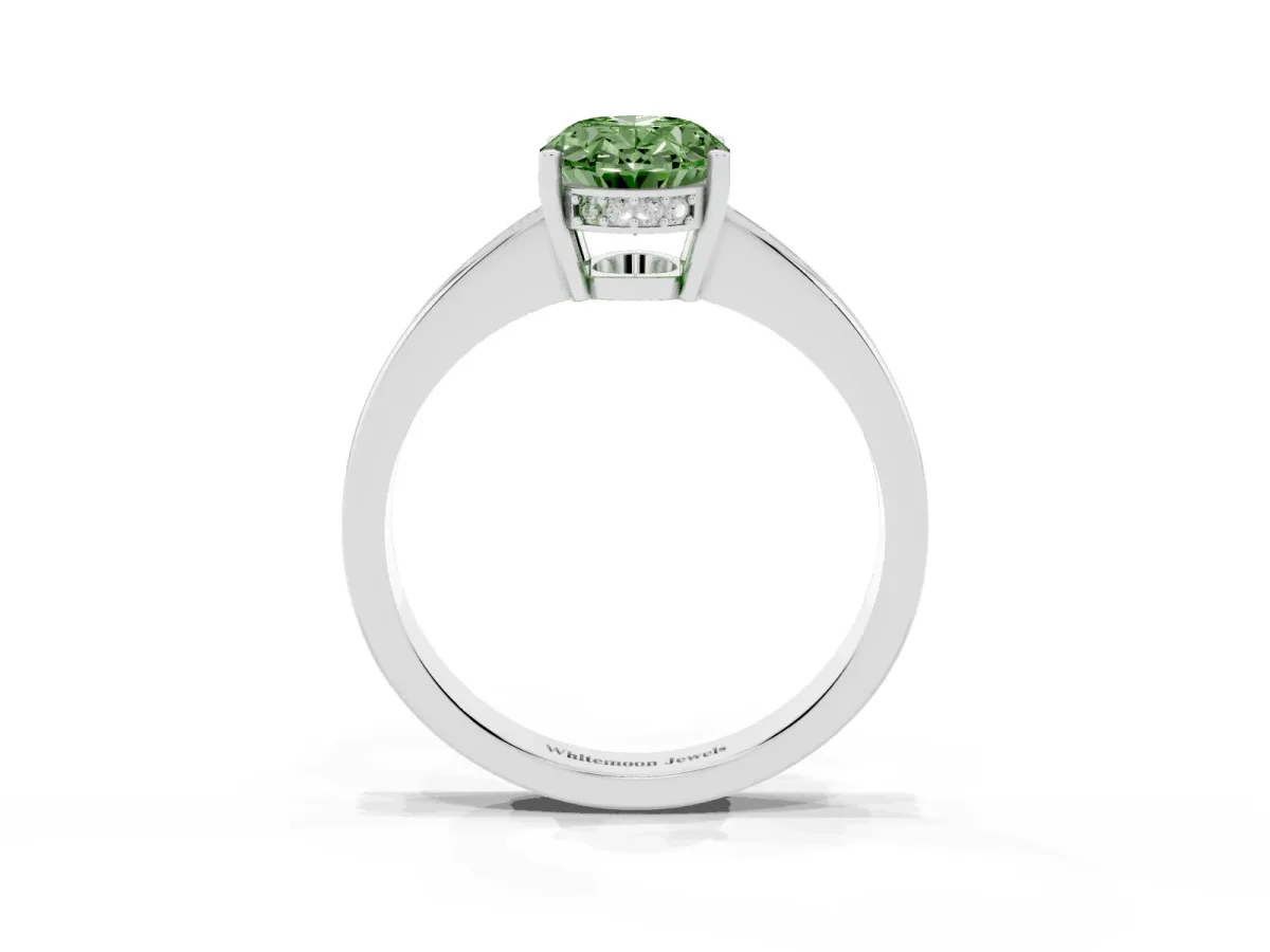 Fancy Green Oval Cut Solitaire Pavé Band Prong Setting Ring Silver