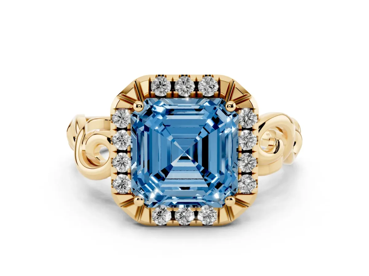 Fancy Blue Asscher Cut Cut Halo Diamond Ring with Scrollwork Band and Four-Prong Setting Yellow gold