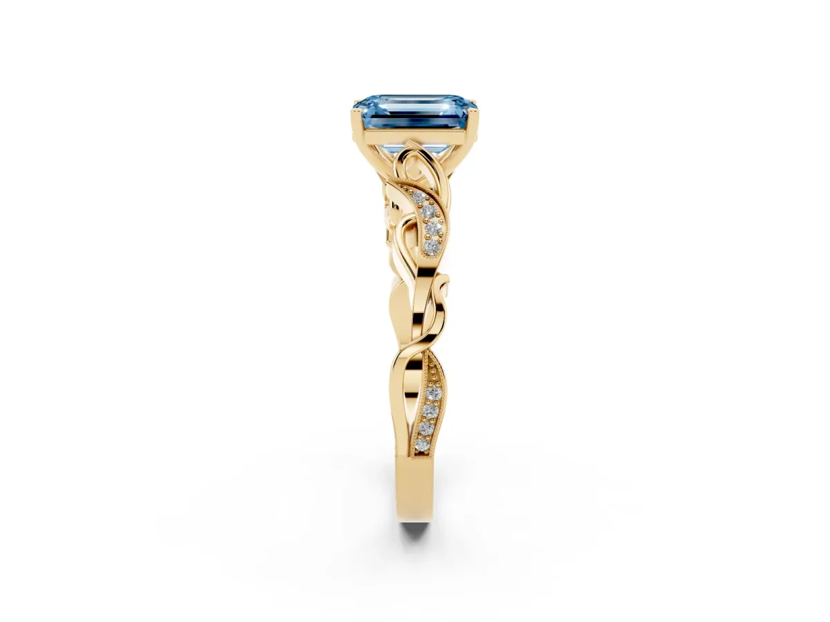 Fancy Blue Emerald Cut Solitaire Vine Band with Milgrain Prong Setting Yellow gold