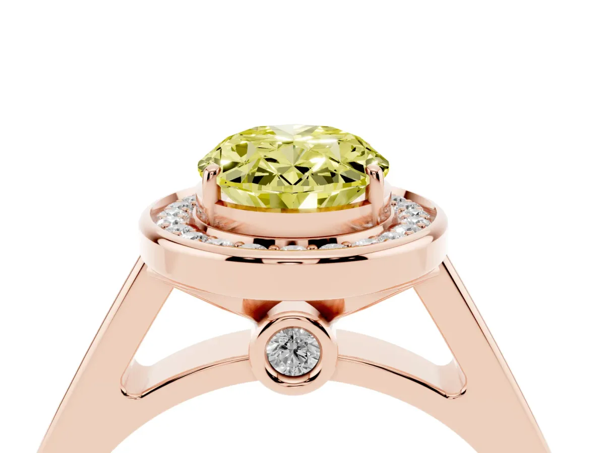 Fancy Yellow Oval Cut Halo Solitaire Diamond Ring with Pave Band and Bezel Setting Rose gold