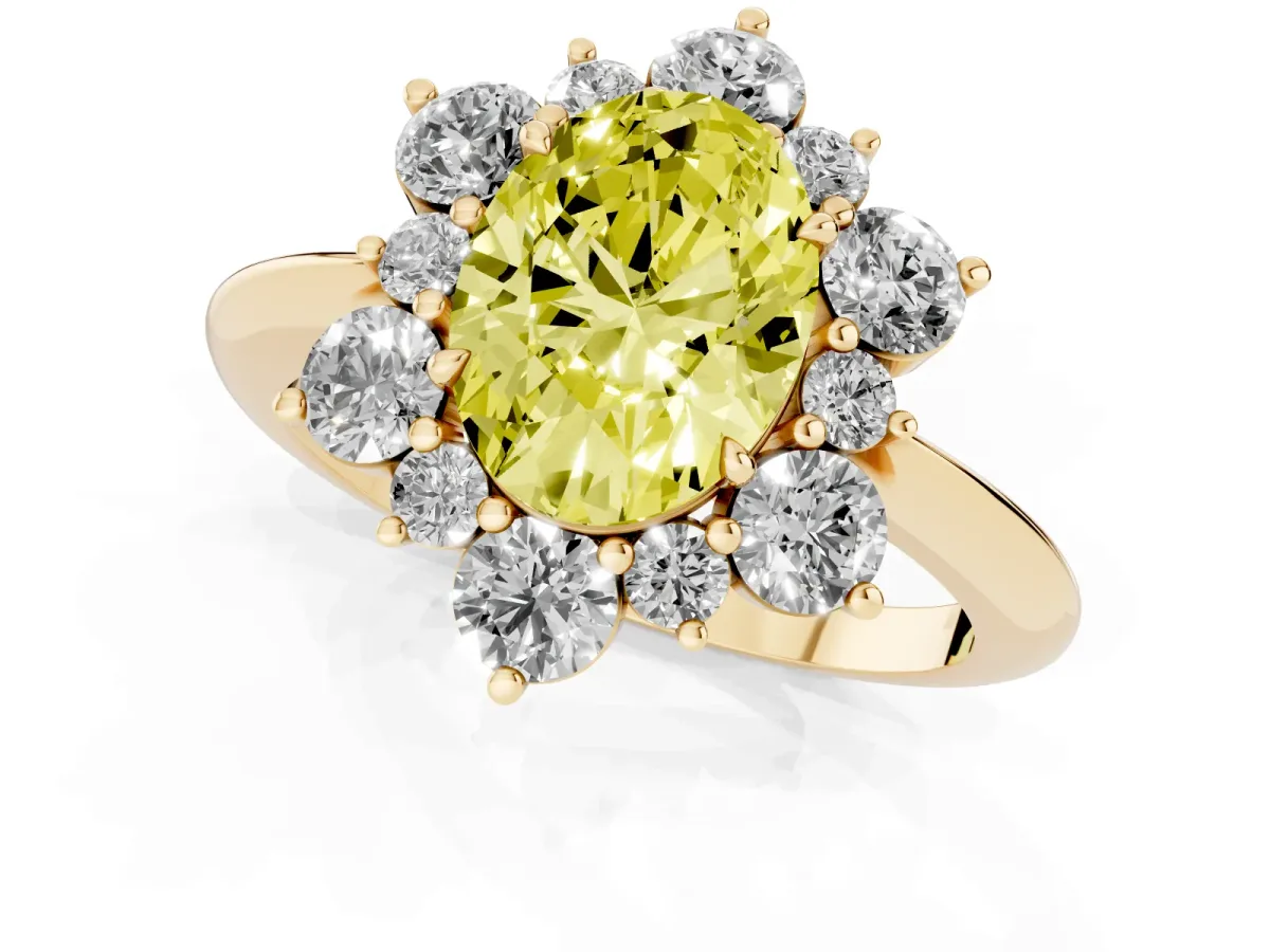 Fancy Yellow Oval Cut Diamond Cluster Halo Ring with Solitaire Band and Four-Prong Setting Yellow gold