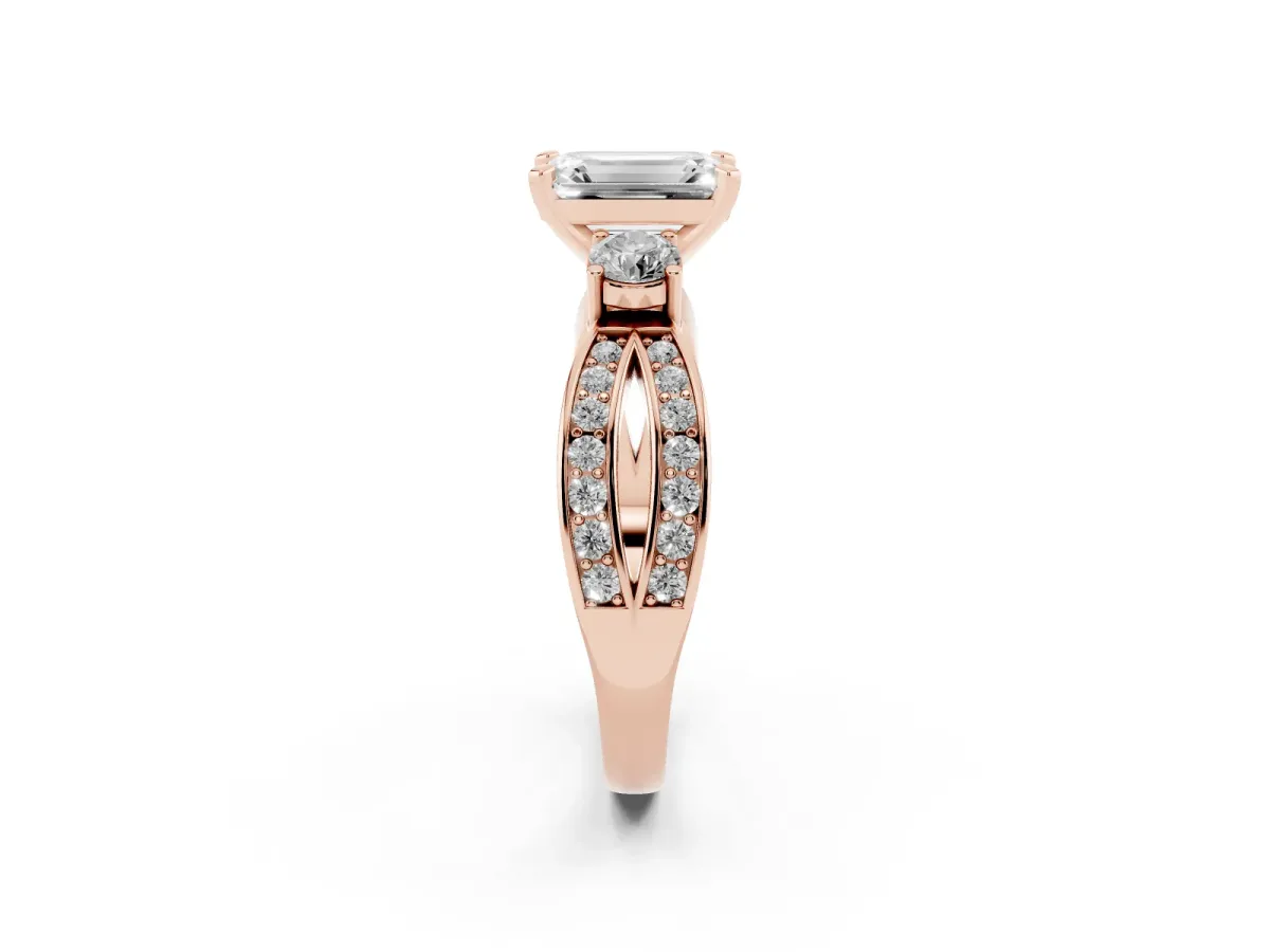 Three-Stone Emerald Cut Cut Diamond Twist Band with Prong Setting Rose gold
