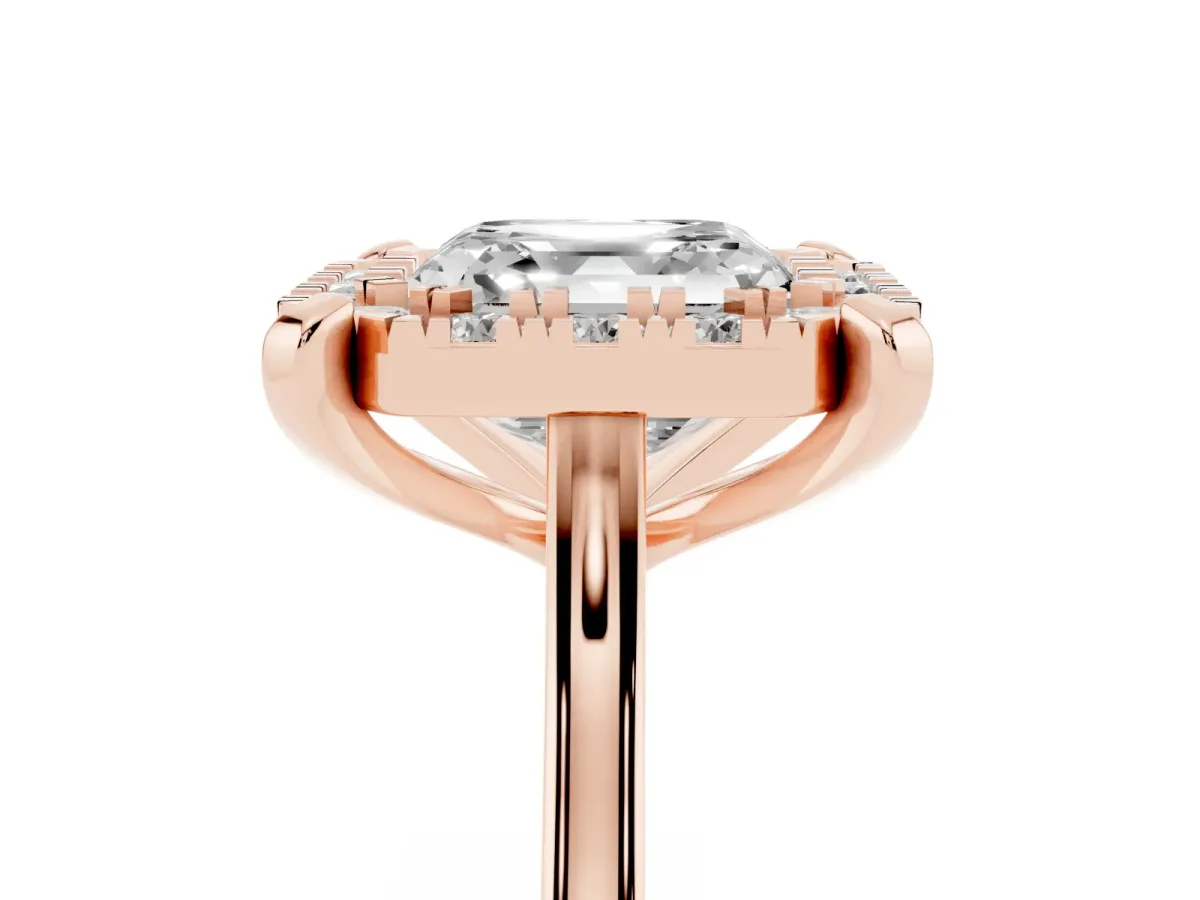 Asscher Cut Diamond Cluster Halo Solitaire with Four-Prong Setting Rose gold