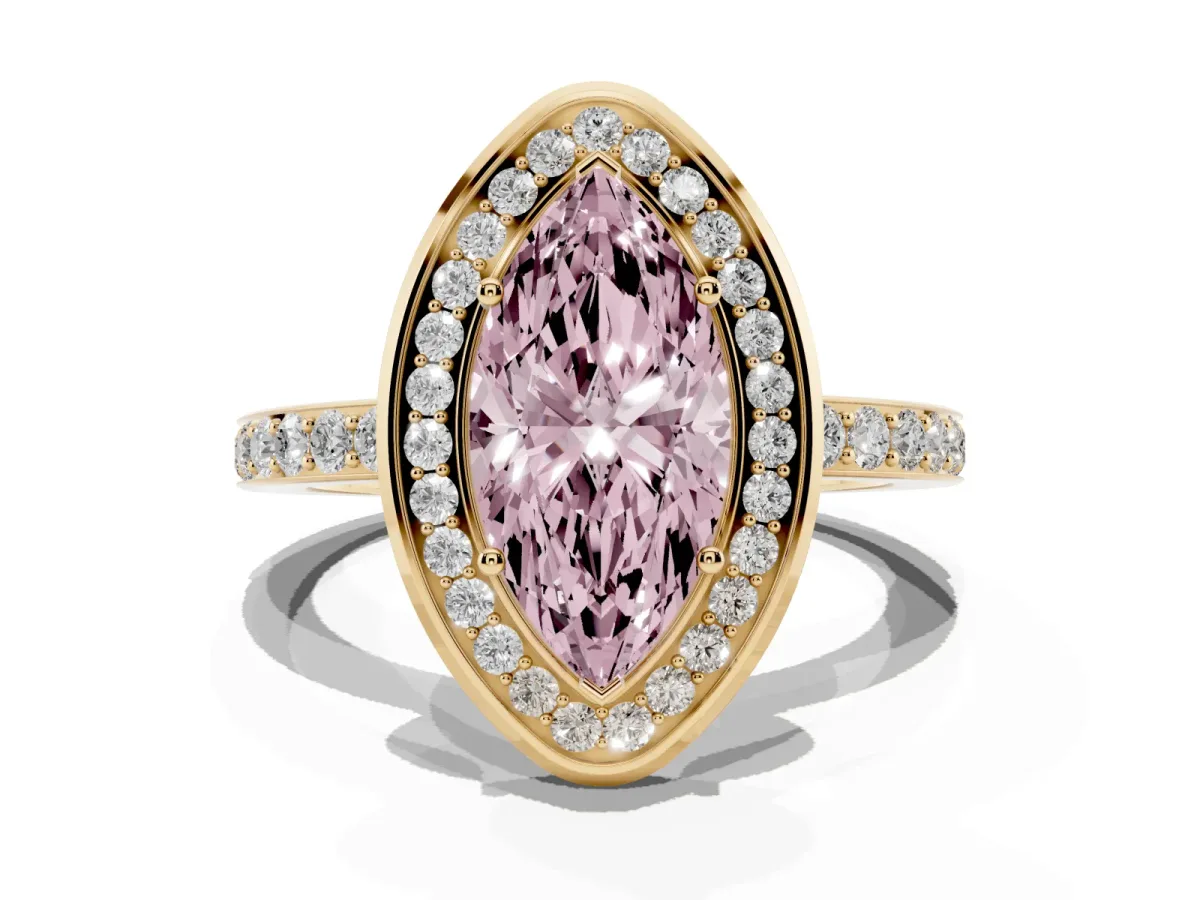 Fancy Pink Marquise Cut Diamond Halo Ring with Bezel Frame and Pavé Band Yellow gold