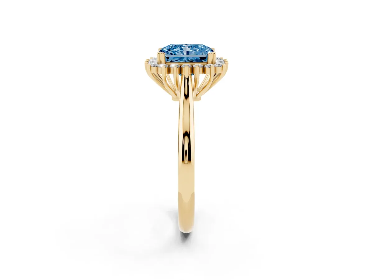 Fancy Blue Radiant Cut Cut Diamond Halo Ring with Solitaire Band and Prong Setting Yellow gold