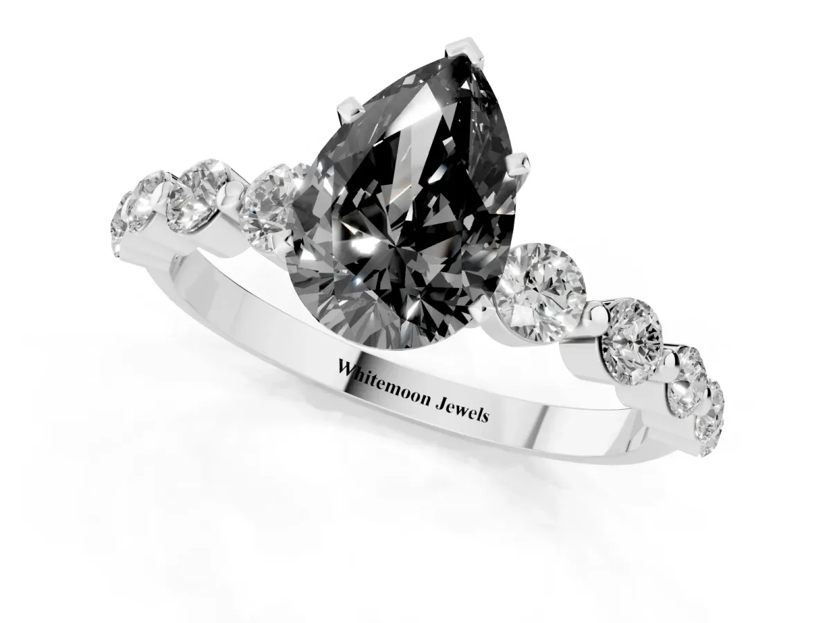 Fancy Black Pear Cut Solitaire Diamond Ring with Pave Band and Four-Prong Setting Silver