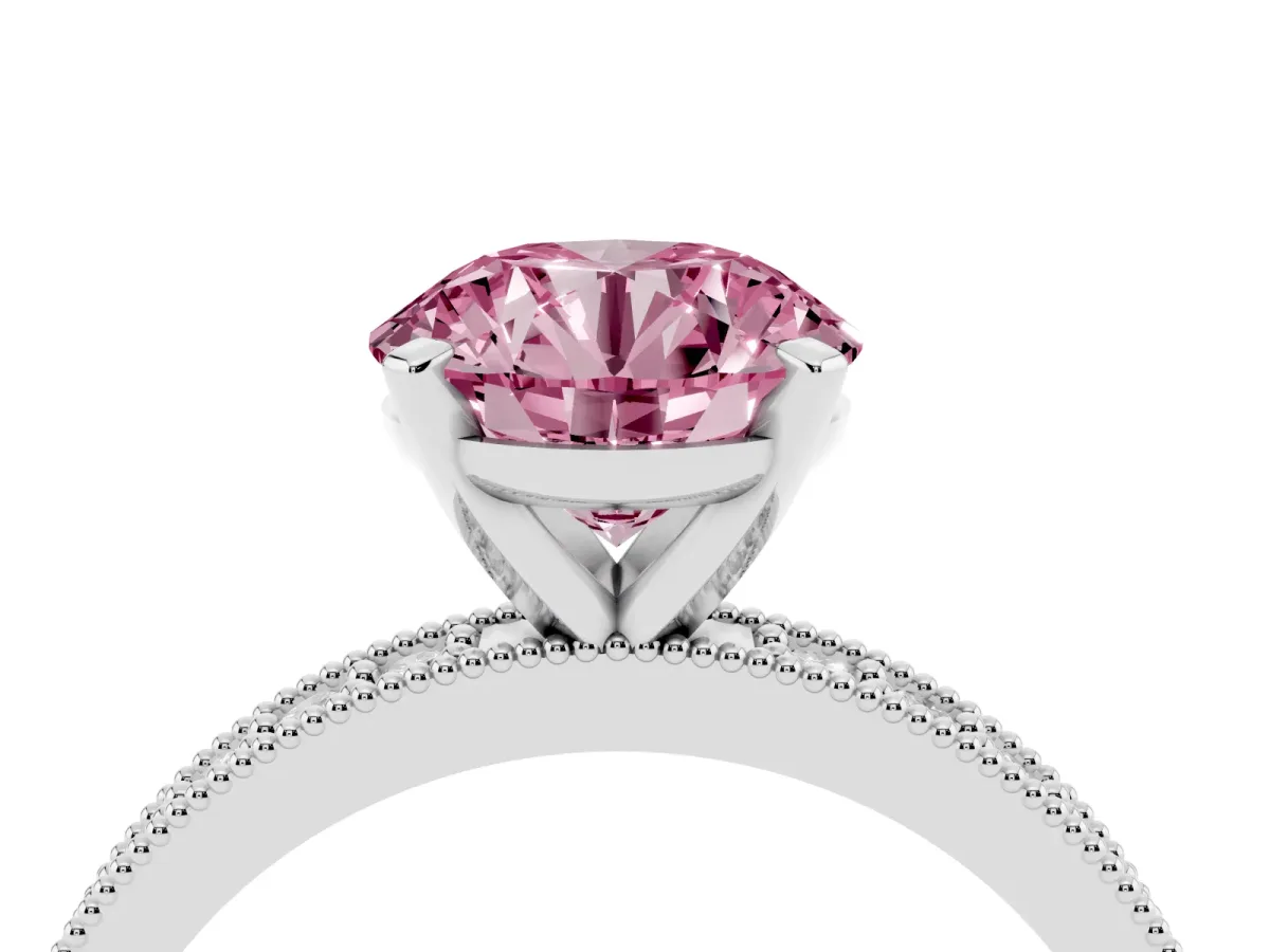 Fancy Pink Round Cut Diamond Milgrain Pavé Engagement Ring with Four-Prong Setting Silver