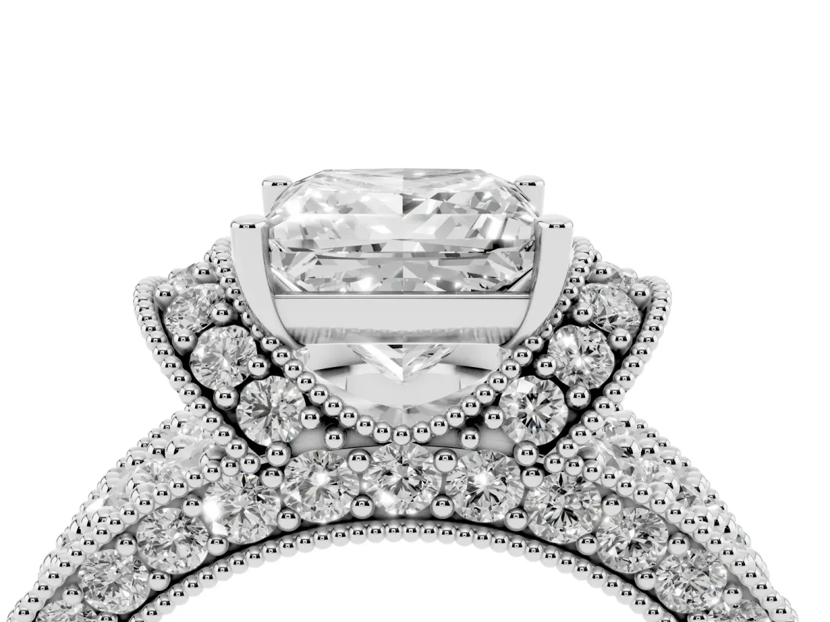 Princess Cut Halo Pave Diamond Engagement Ring with Milgrain Detailing Silver
