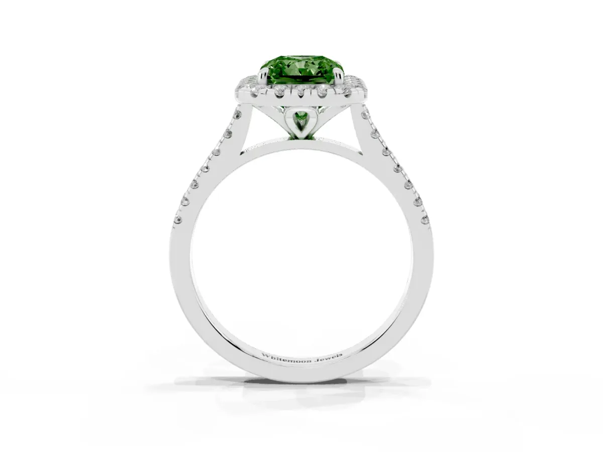 Fancy Green Radiant Cut Diamond Cushion Halo Ring with Pavé Band White gold