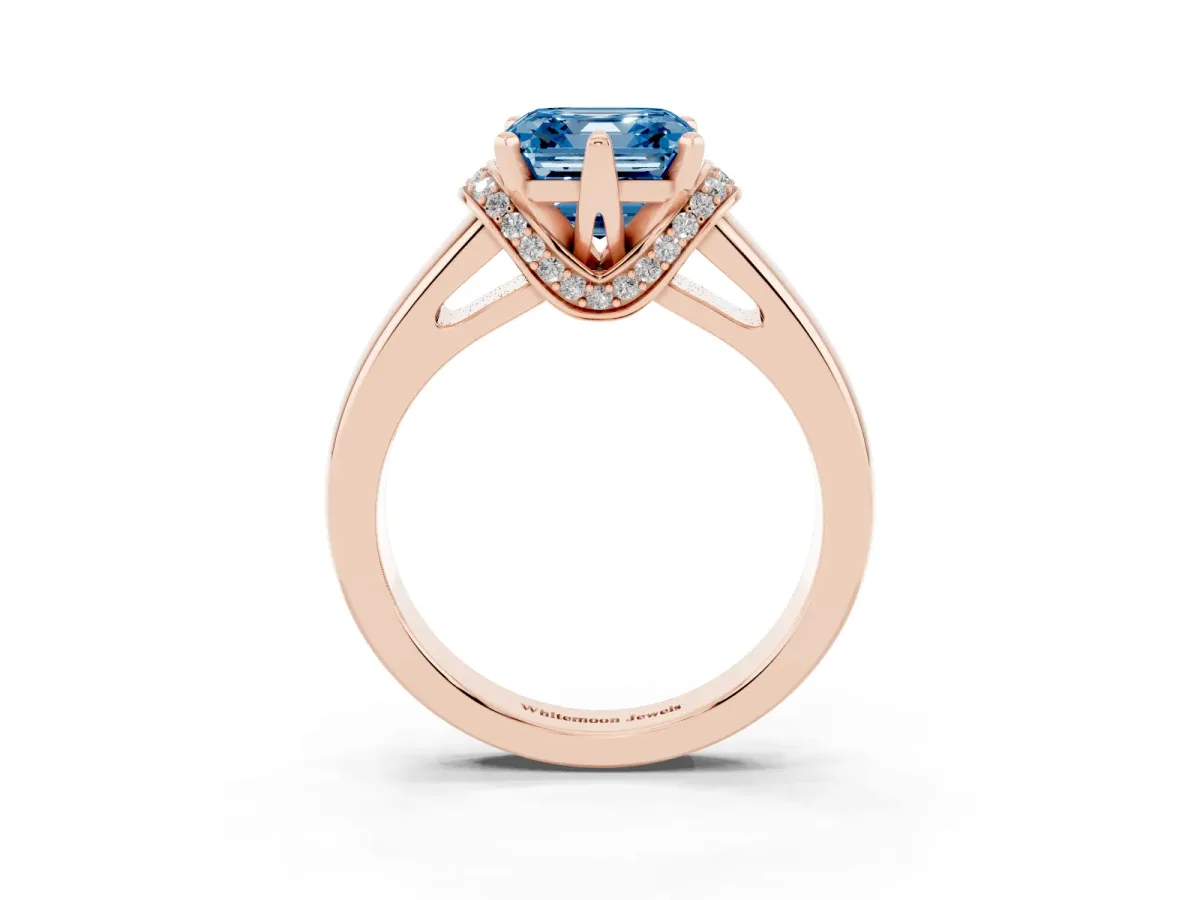 Fancy Blue Asscher Cut Solitaire Diamond Ring with Pave Band and Six-Prong Setting Rose gold
