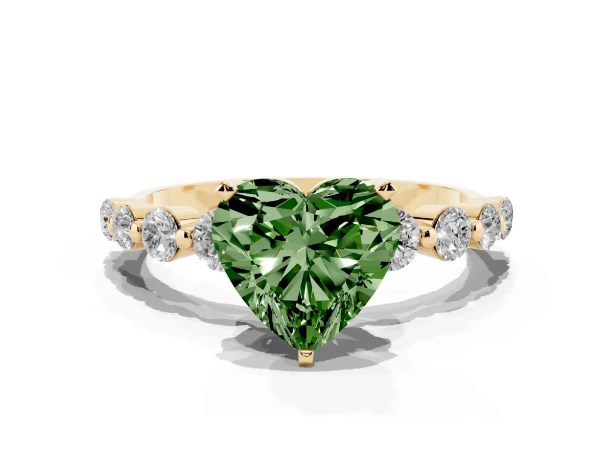 Fancy Green Heart Cut Solitaire Diamond Ring with Pave Band and Four-Prong Setting Yellow gold