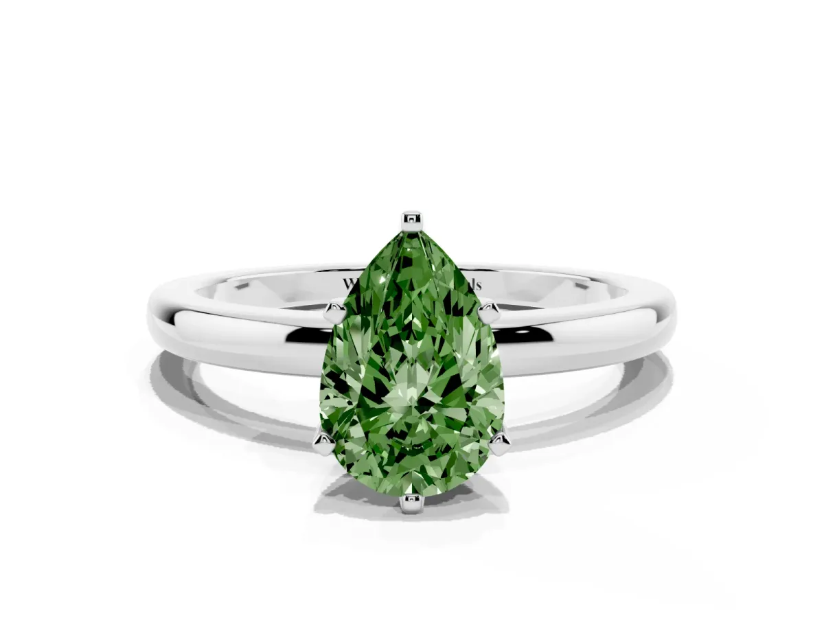 Fancy Green Pear Cut Solitaire Diamond Ring with Six-Prong Setting on a Classic Band Silver