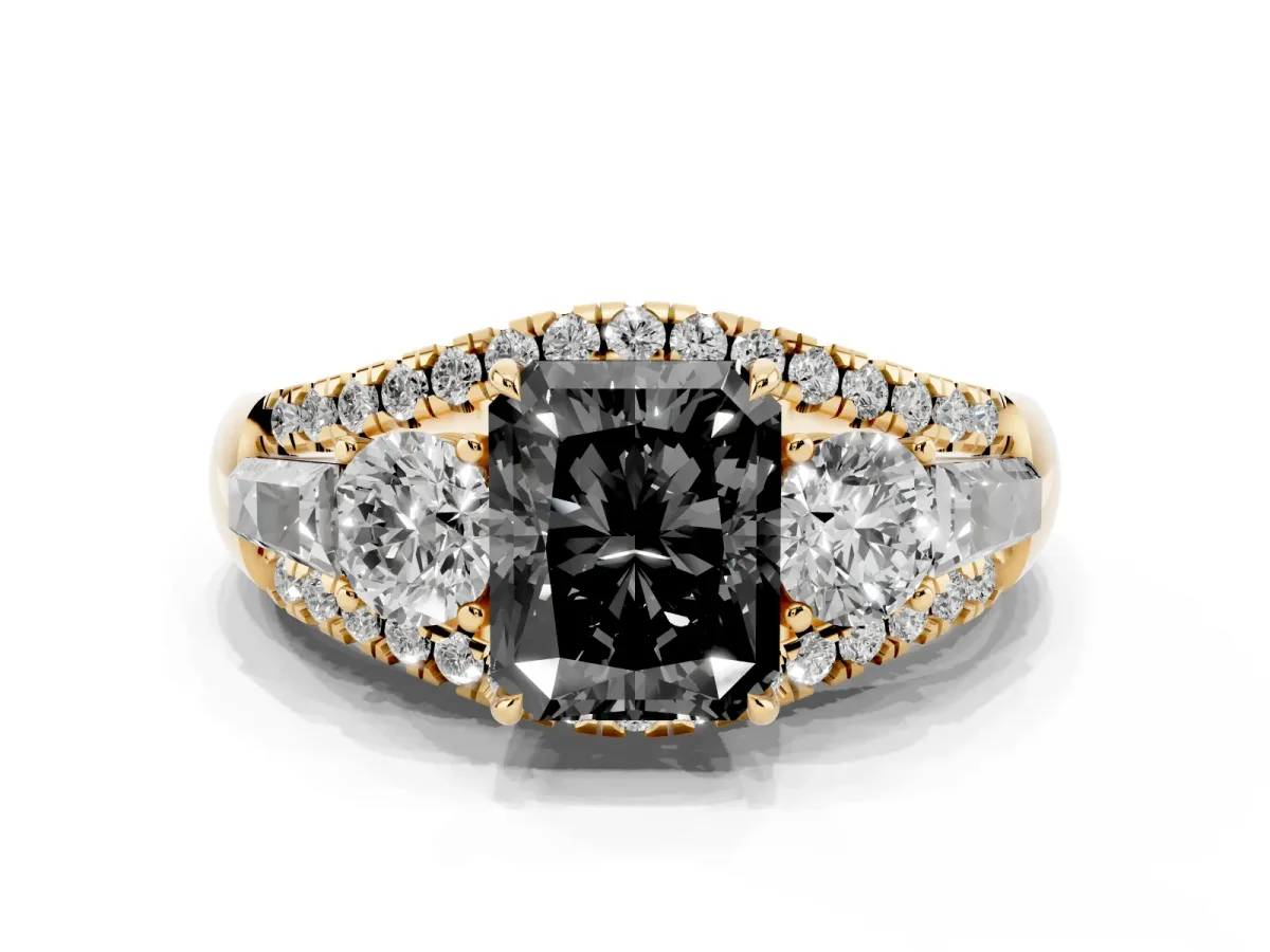 Fancy Black Three-Stone Radiant Cut Diamond Engagement Ring with Pave Band and Prong Setting Yellow gold