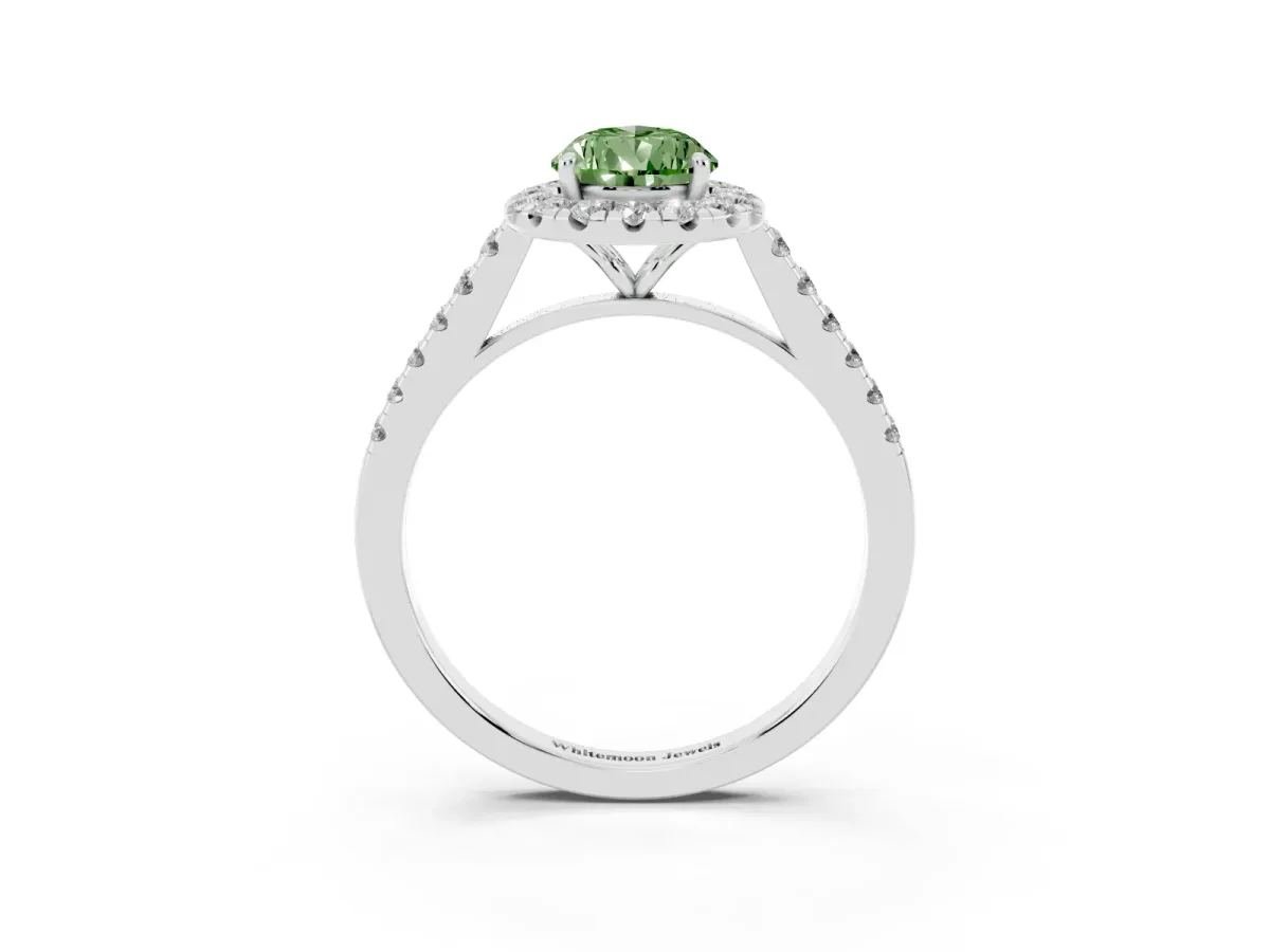 Fancy Green Pear Cut Halo Pave Diamond Engagement Ring with Four-Prong Setting Silver