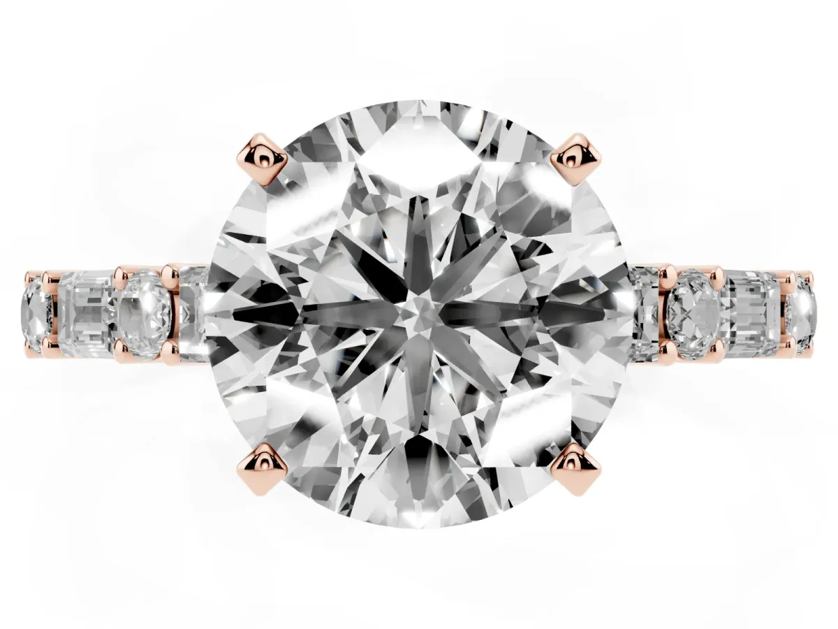 Round Cut Diamond Solitaire with Side Baguettes and Channel Set Band Rose gold