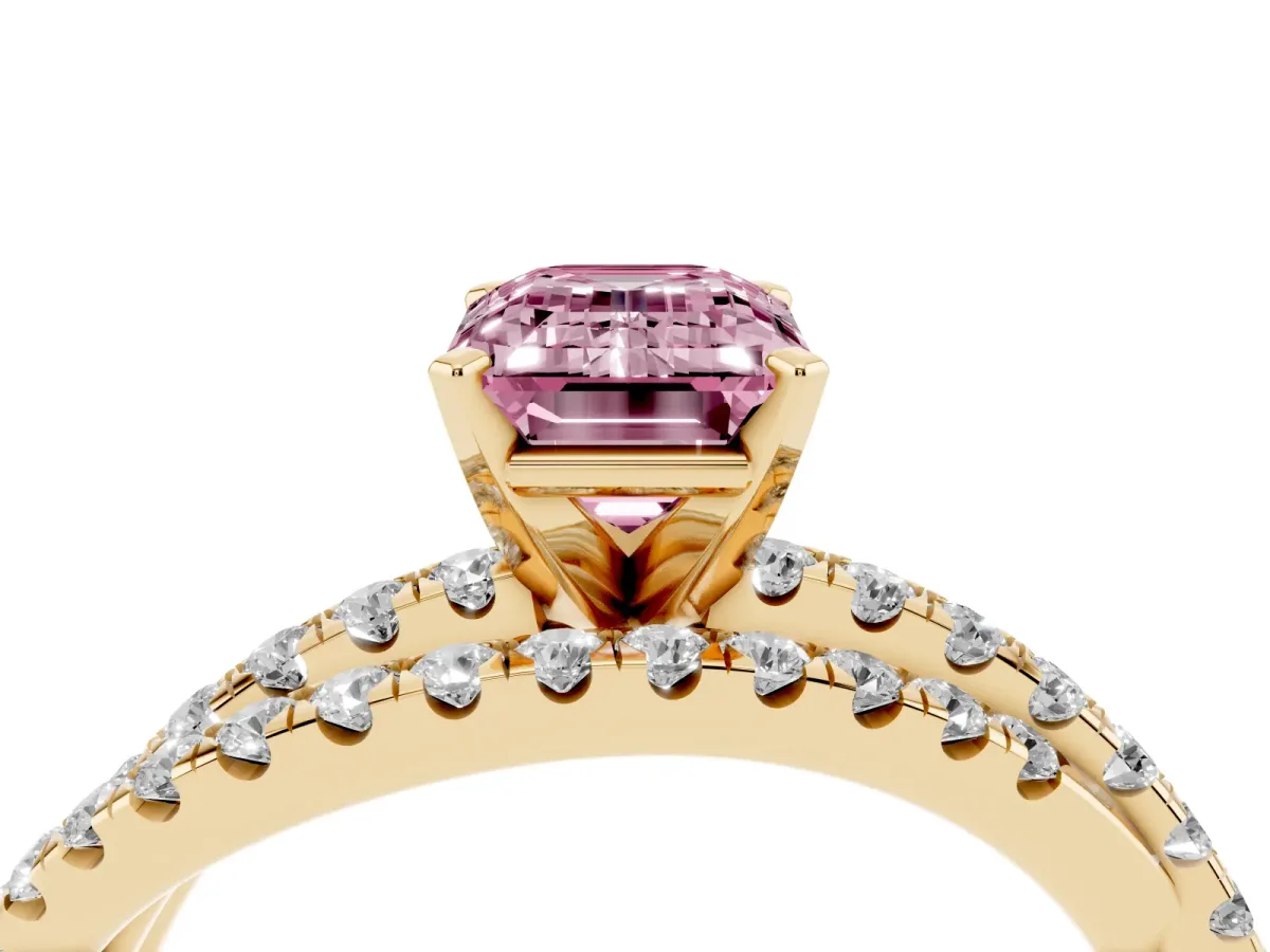 Fancy Pink Emerald Cut Solitaire Twist Band with Pavé Setting and Four-Prong Setting Yellow gold