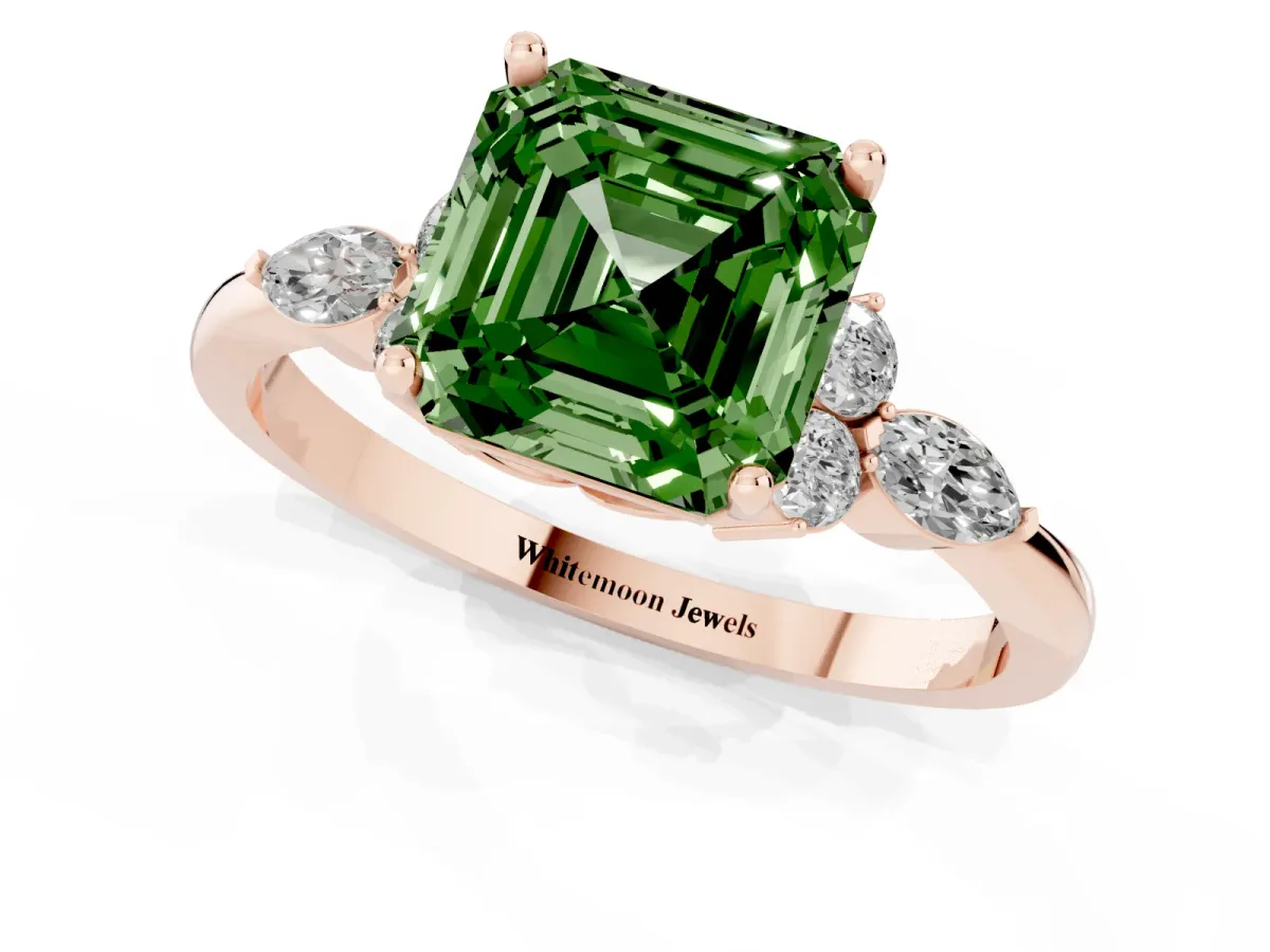 Fancy Green Asscher Cut Brilliant Diamond Solitaire Ring with Pear Side Stones and Four-Prong Setting Rose gold