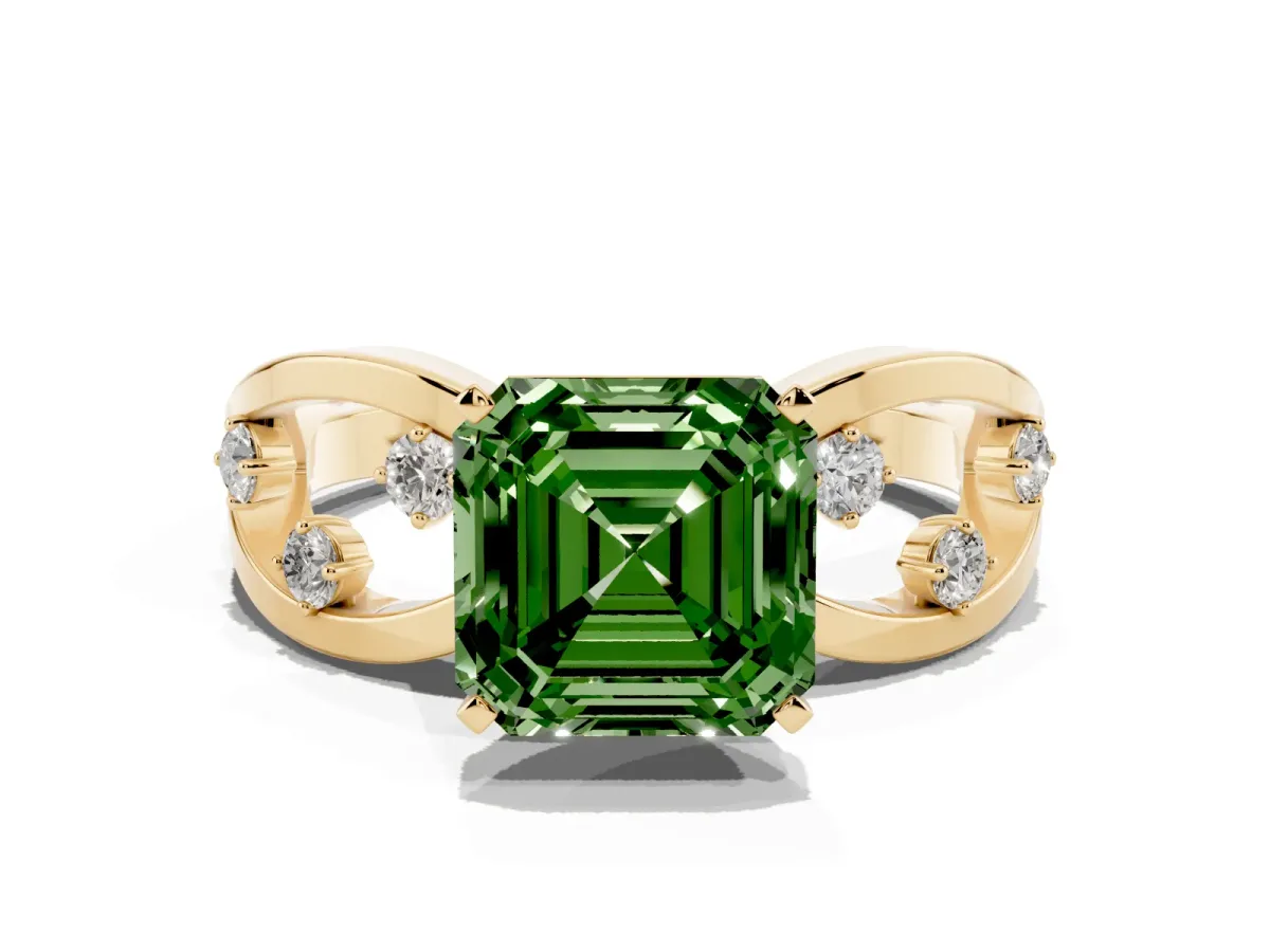 Fancy Green Asscher Cut Cut Solitaire Diamond with Side Stones on Criss-Cross Band and Four-Prong Setting Yellow gold