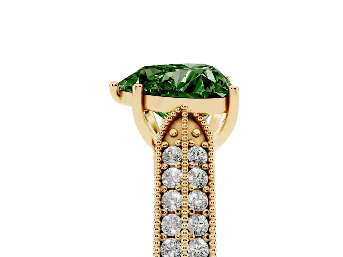 Fancy Green Heart Cut Cut Pave Split Shank Engagement Ring with Four-Prong Setting Yellow gold