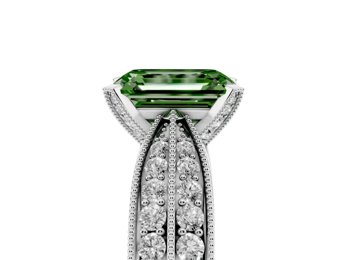 Fancy Green Emerald Cut Diamond Solitaire Ring with Milgrain Round Pavé Band and Prong Setting Platinum