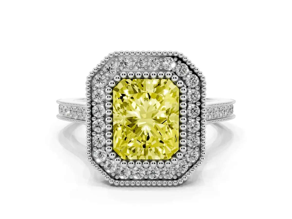 Fancy Yellow Radiant Cut Diamond Halo Ring with Milgrain Frame and Pavé Band White gold