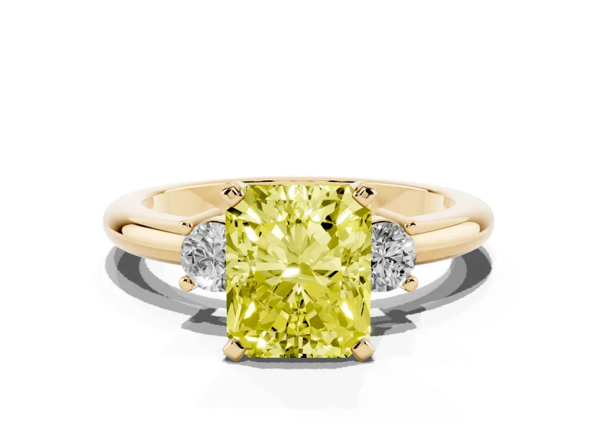 Fancy Yellow Three-Stone Radiant Cut Cut Diamond Solitaire with Prong Setting and Classic Band Yellow gold