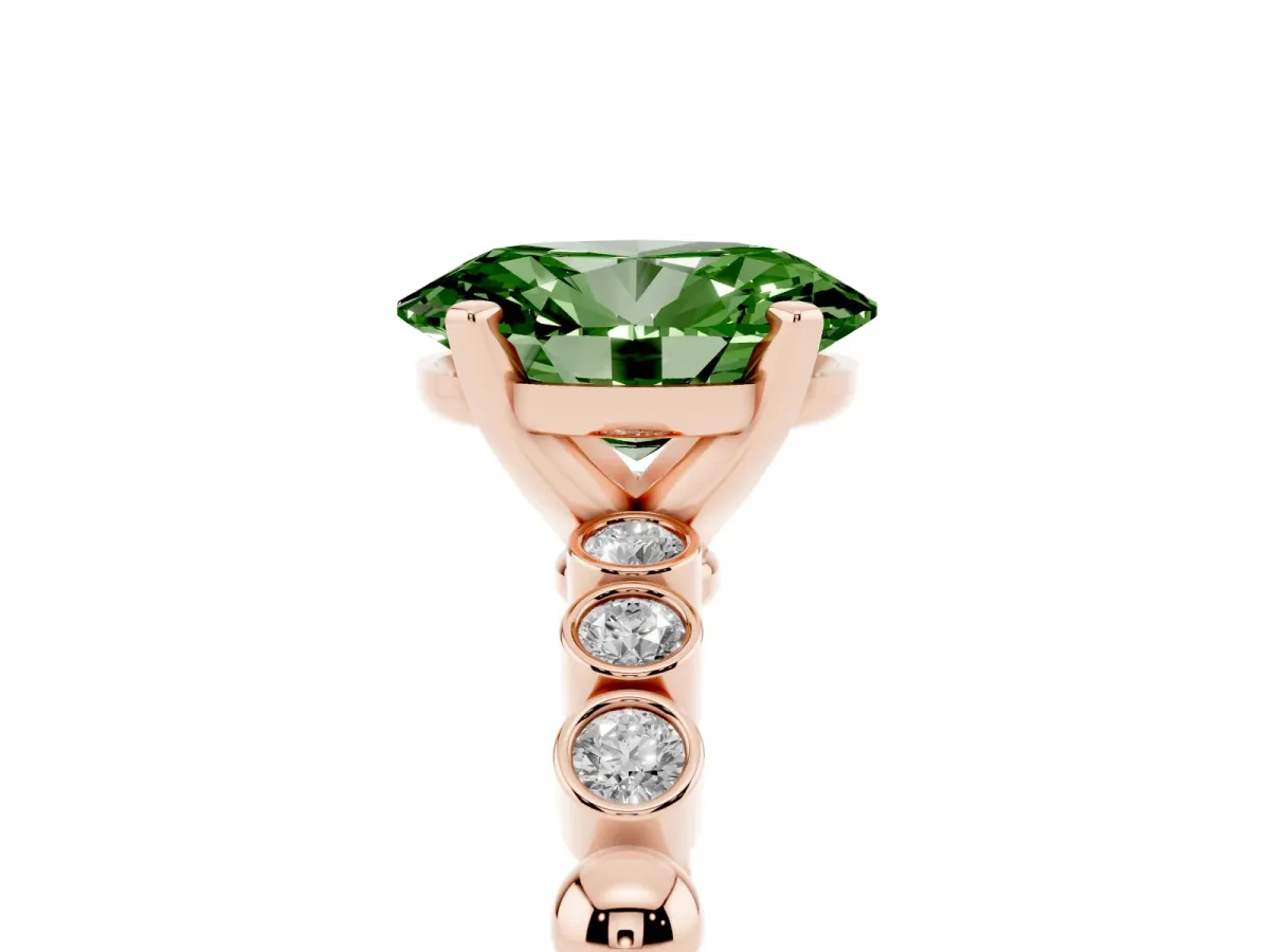 Fancy Green Oval Cut Solitaire Bezel Accent Diamond Engagement Ring with Beaded Band and Four-Prong Setting Rose gold