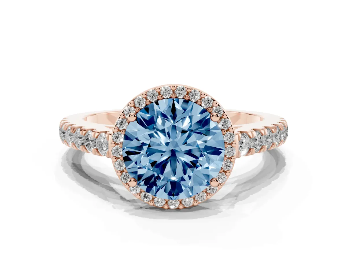 Fancy Blue Round Cut Cut Halo Diamond Engagement Ring with Pave Band and Four-Prong Setting Rose gold